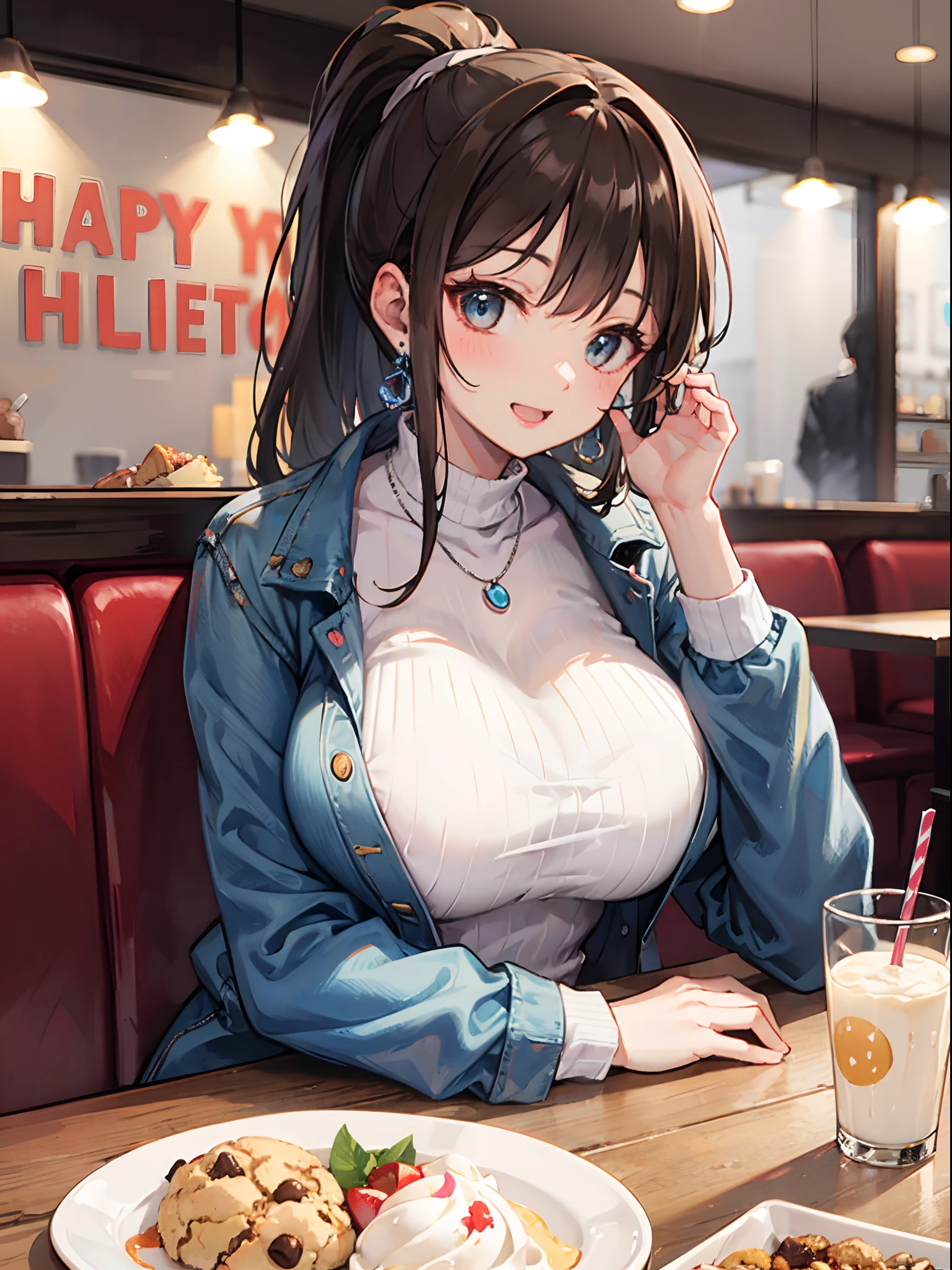 In restaurant, table, ice cream, cookie, candy, milk, restaurant, high resolution, 8k, masterpiece, best quality, 1girl, curl brown hair, ponytail, mature female, cute shirt, jean jacket, earrings, necklace, large breasts, huge breasts, breasts on table, breast rest, elbows on table, elbow rest, chin rest, open mouth, happy smile