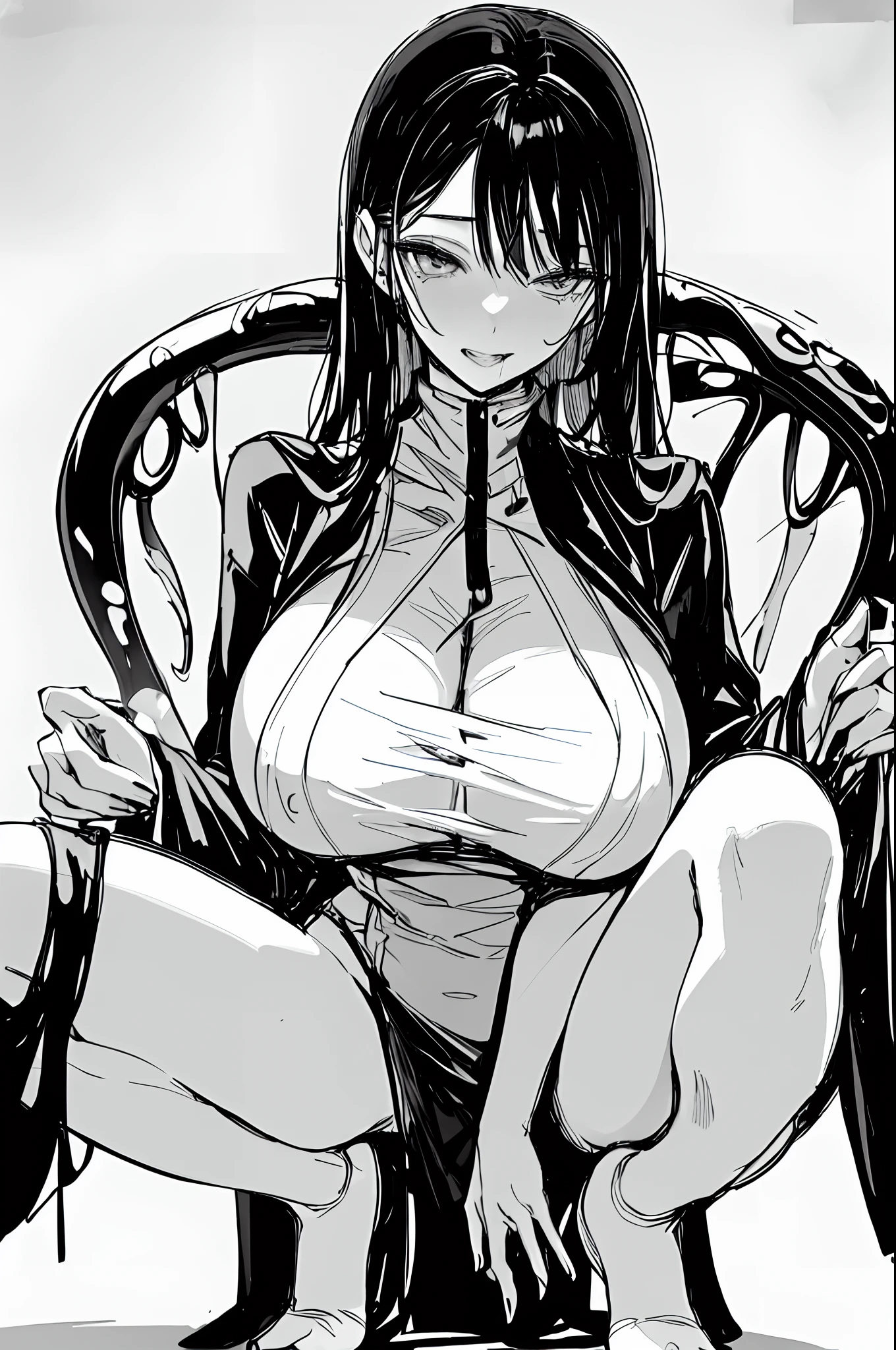 Stunning girl, erotic expression, black hair, big breasts, wide hips, slim body, black business robe, (Black and white, sketch), black background, hentai, squatting, spreading legs, simple poster, ((negative space)),