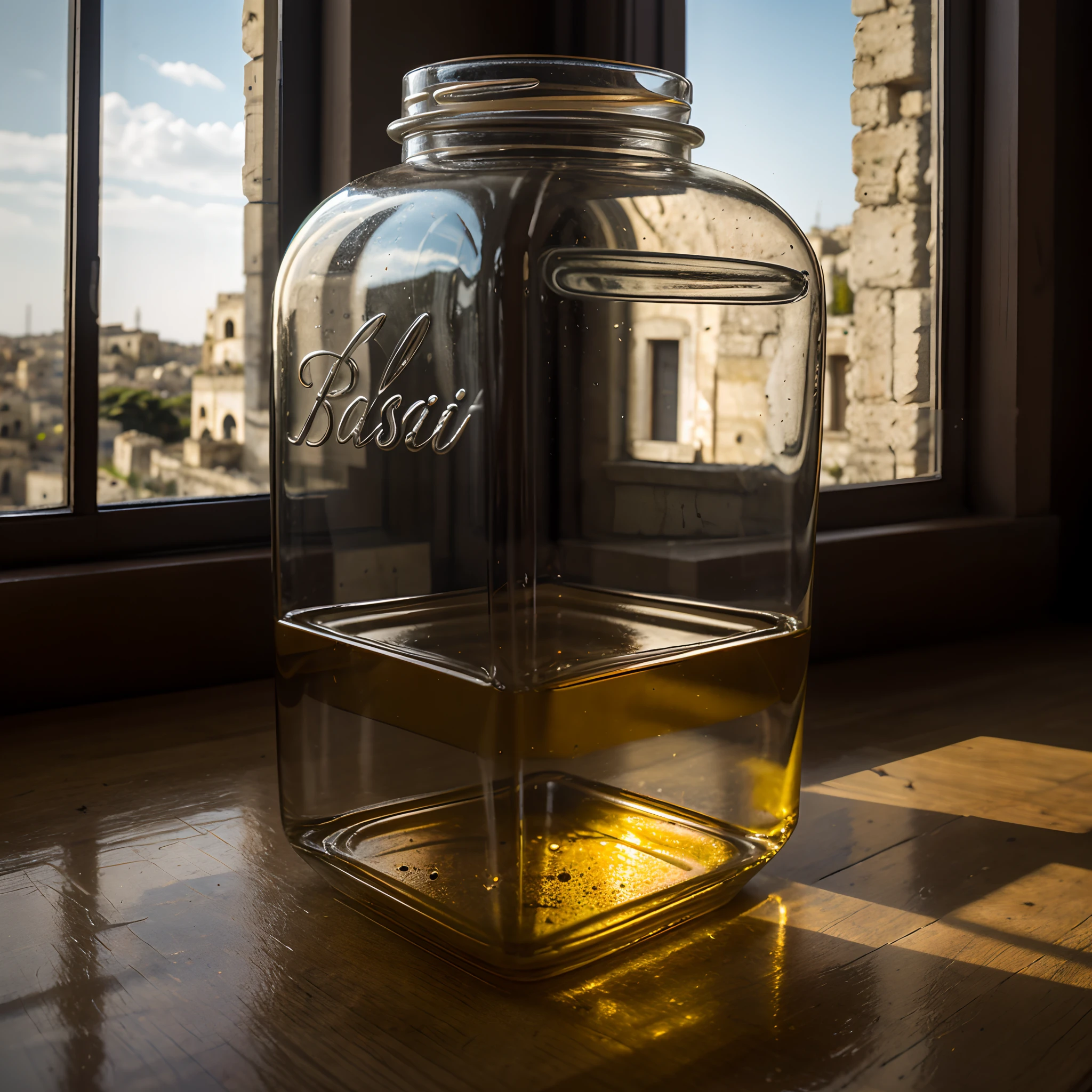 A square glass jar with lid contains the Sassi of Matera. The jar is placed on the windowsill. Extremely detailed, 8K, apocalyptic punk style, miniatures, macro photography in close-up.