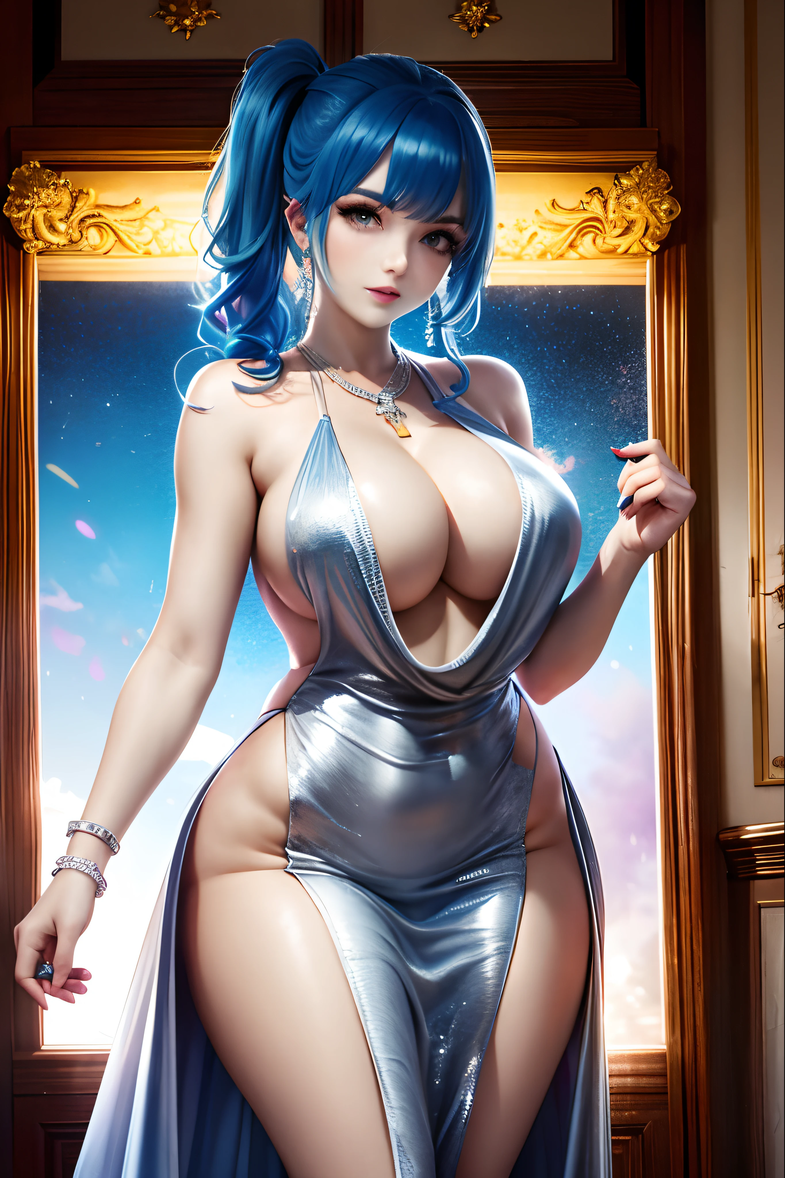 1girl, st. louis \(azur lane\), st. louis \(luxurious wheels\) \(azur lane\), dress, blue hair, plunging neckline, silver dress, revealing clothes, jewelry, necklace, halter dress, halterneck, evening gown, handbag, side ponytail, thighs, armpits, bangs, sidelocks, bare shoulders, solo, backless dress,huge breasts,shiny,shiny skin,mature female,