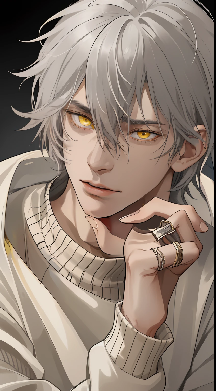 28-year-old man with gray, Shabby, Sloppy hair, Bangs barely touch the eyes, Yellow eyes, Bring your hands to your face, white sweater, maniacal gaze, Yellow Eyes, hand on cheek, finger rings