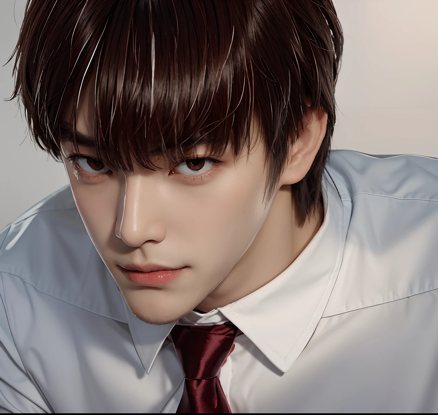 A boy with a red tie and white shirt, tall guy with brown eyes, seong taehoon, light yagami, he's very menacing and evil, roguish smirk, realistic portrait, his eyes are brown and glowing