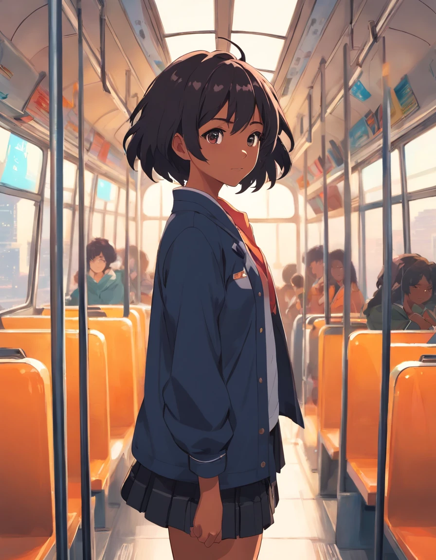 da pele negra, cabelo crespo black-power, bus,simple illustration, Perspectiva frontal, linhas pretas em negrito, menina, cabelo Black Power