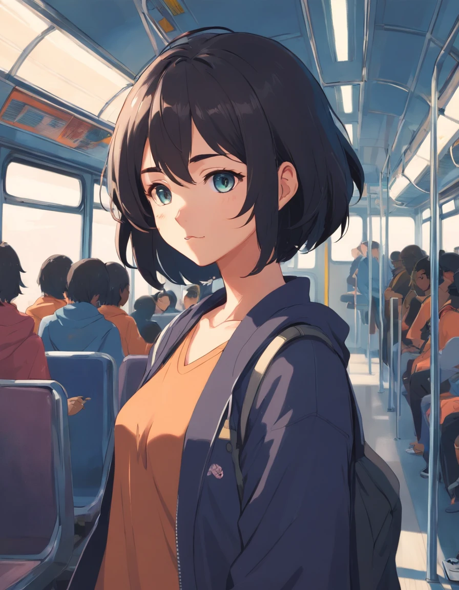 da pele negra, cabelo crespo black-power, bus,simple illustration, Perspectiva frontal, linhas pretas em negrito, menina, cabelo Black Power