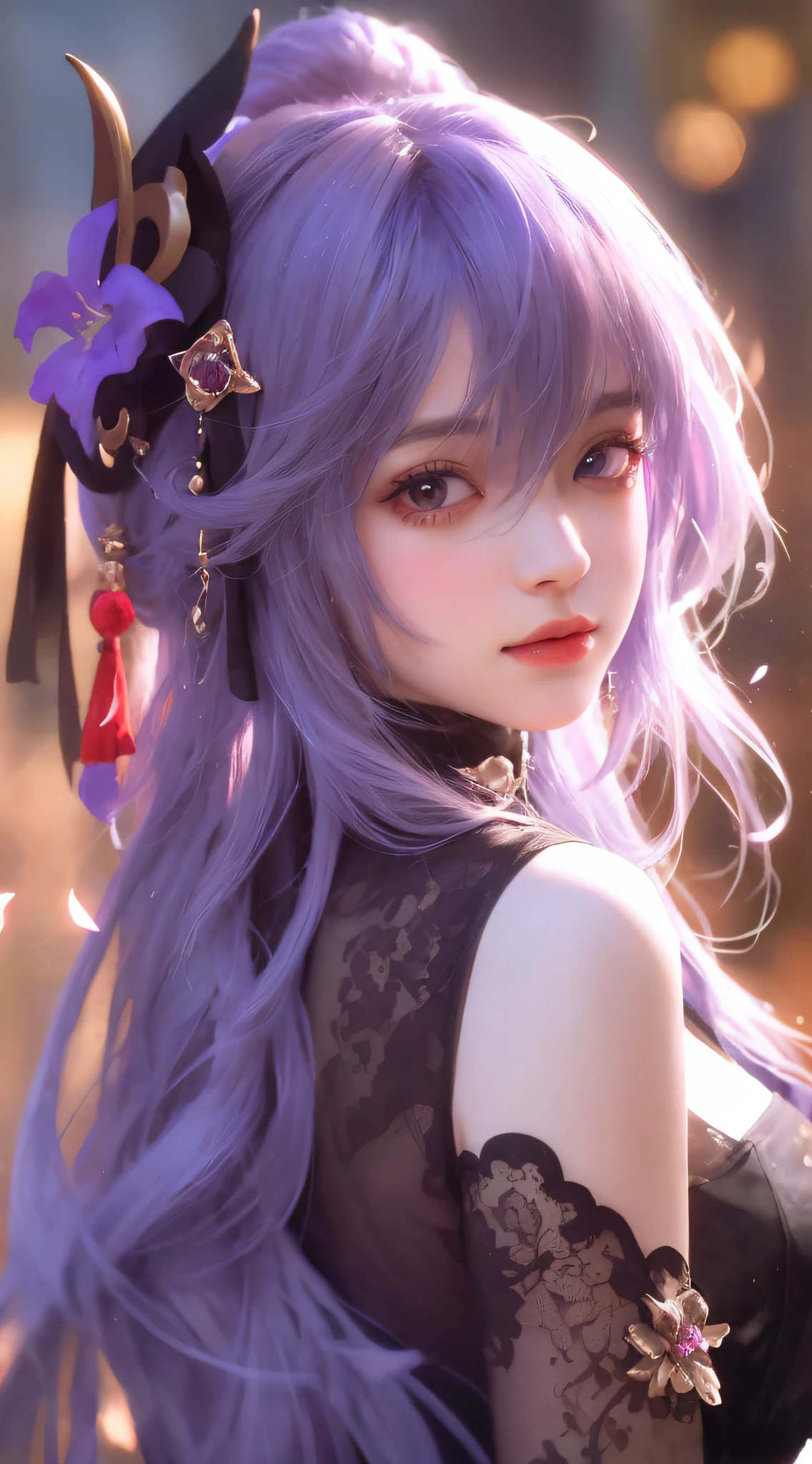 Anime girl with purple hair and black top,There is a flower on the hair, style of anime4 K, a beautiful anime portrait, Guviz-style artwork, Guviz, Anime style. 8K, Beautiful anime girl, portrait anime girl, Stunning anime face portrait, 8K, Artgerm, Bokeh, 8K high-quality detailed art