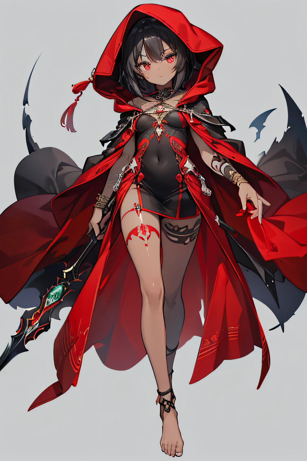 masterpiece, best quality, female, 1 girl, Detailed face, short black straight hair, color eyes red, color skin tan dark skin, short body, small breasts, (accessories black tattoos spread all over his body), large clothes red hooded cloak with Detailed in white, short dress under the red cloak, She walks barefoot.