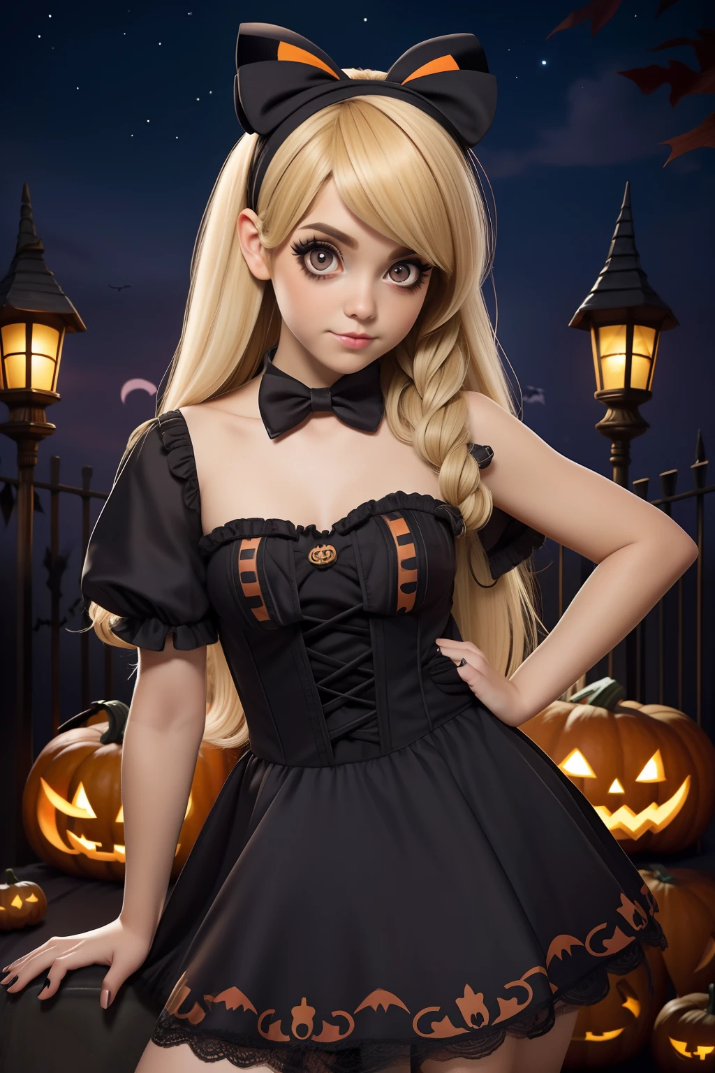 Girl in slow lorises Halloween costume, with slow lorises headband, blonde long hair Emo Pin up Girl, halloween dress, Striking a pose, natural make up, skinny girl, innocent, night in a grave