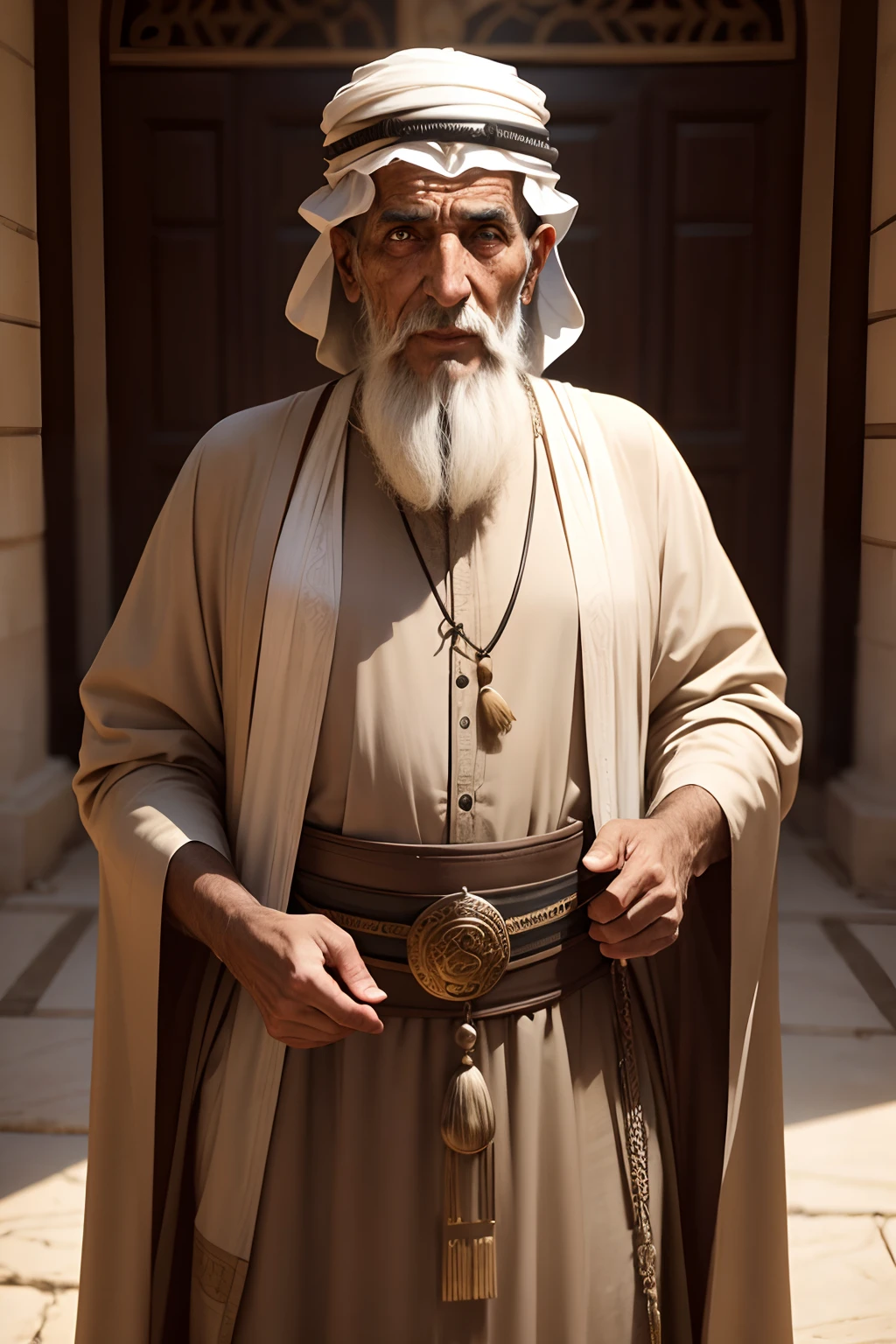 An old man from Arab antiquity addresses the camera with a lot of wisdom and a lot of information