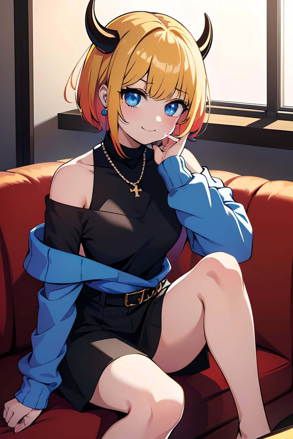 masutepiece,Best Quality, ultra res, Extremely detailed,
1girl in,Memcho multicolored hair, a blonde and a black hair, Short hair,  Blue eyes,  (:3 :1.4)
(Blue sweater, Black shirt, Shirt under sweater, off shoulder top)
pearls necklace, earrings, Horns