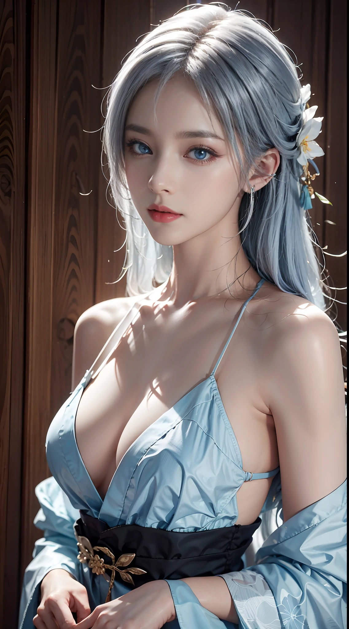 photorealistic, masterpiece, photorealistic, high resolution, soft light, waist up, blue eyes, white hair, long hair, sexy body, kimono