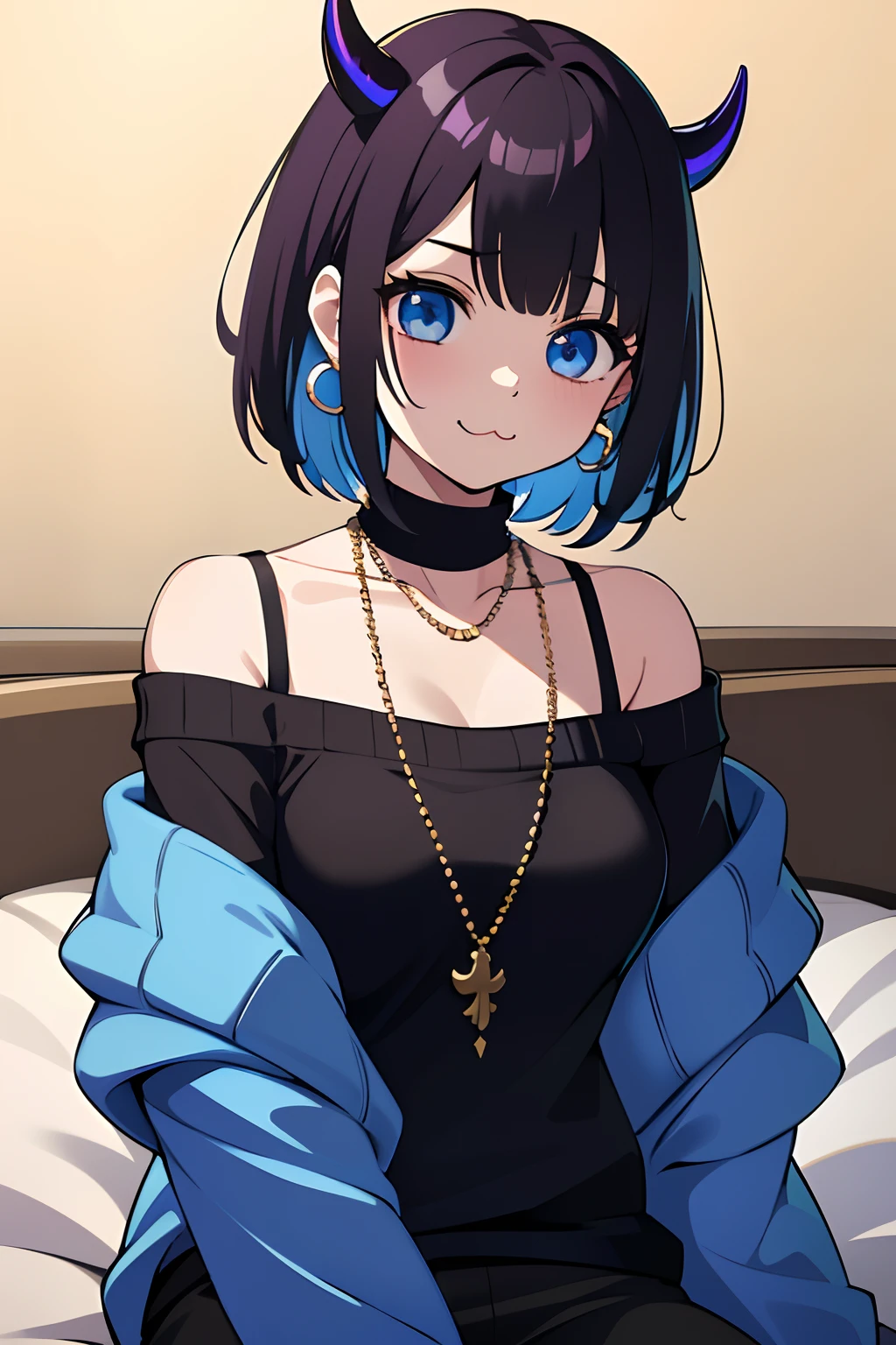 masutepiece,Best Quality, ultra res, Extremely detailed,
1girl in,Memcho multicolored hair, a blonde and a black hair, Short hair, Blue eyes, (:3 :1.4)
(Blue sweater, Black shirt, Shirt under sweater, off shoulder top)
pearls necklace, earrings, Horns