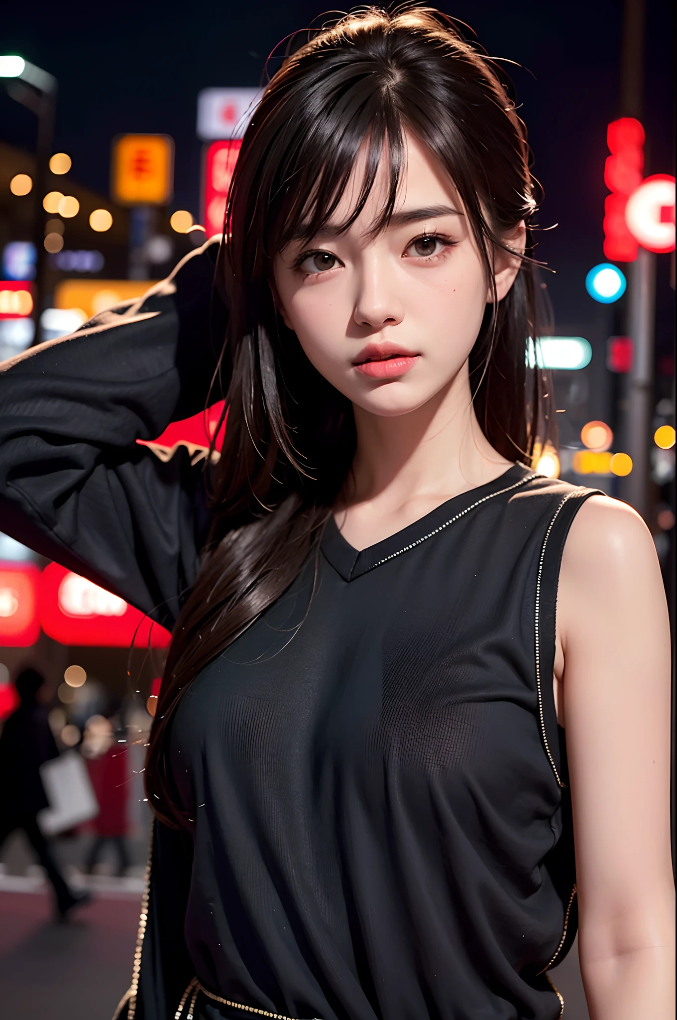 1girl, Tokyo street,night, cityscape,city lights, upper body,close-up, 8k, RAW photo, best quality, masterpiece,realistic, photo-realistic,