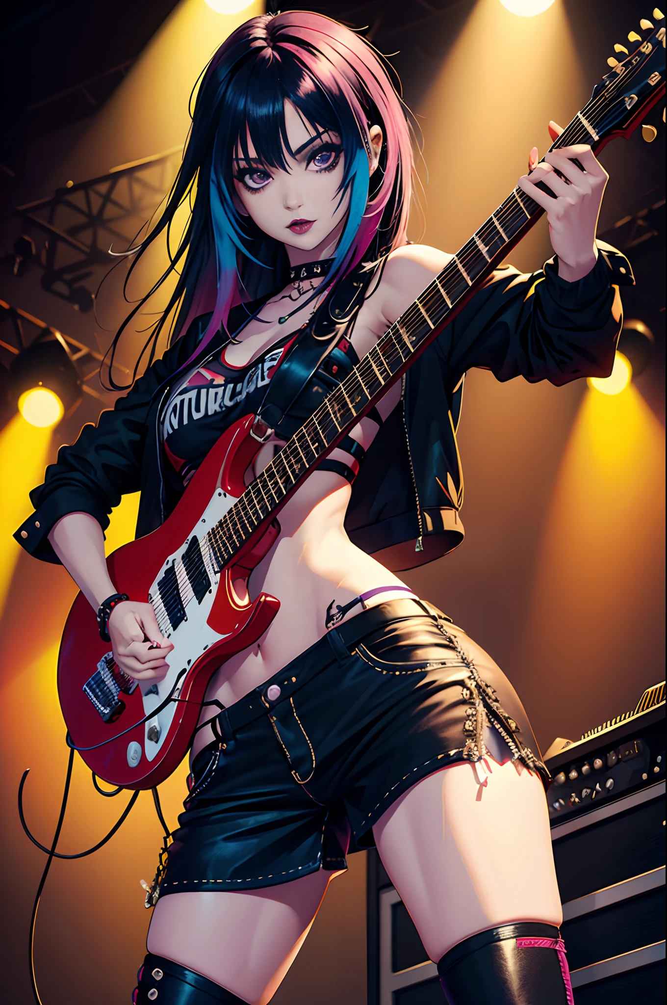 Una chica rockera en tanga,retrato,illustration,toma de cuerpo completo,electric guitar,Ropa vanguardista,dark lipstick,cabello puntiagudo,piernas musculosas,confident expression,Estilo punk,pose llamativa,dynamic  lighting,colores vibrantes