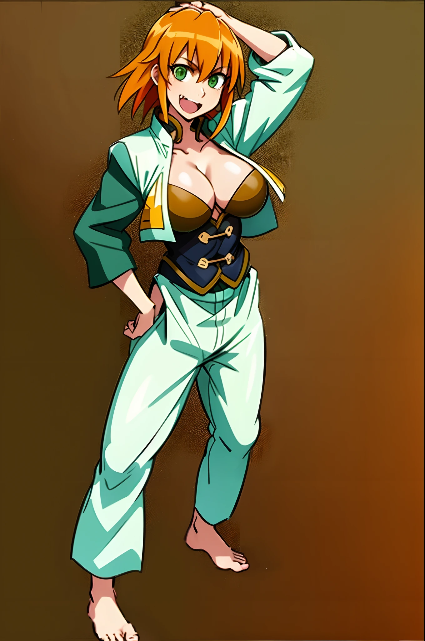 excel, orange hair, smile, fang, open mouth, green eyes,standing, medium breast, , pullover, , full body, flipflops, big breast,kimono, kungfu, martial art, tunic,, chinese pants