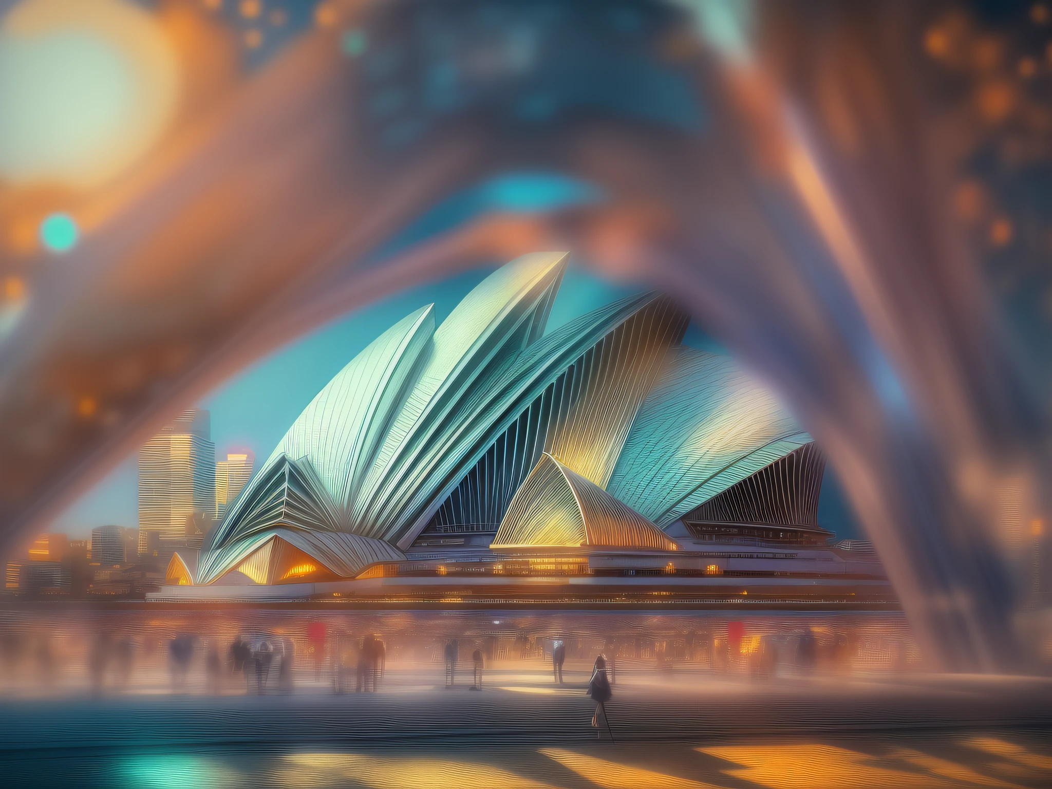 (8k, RAW photo, best quality, masterpiece:1.2, masterpiec8K.HDR. highresabsurdres:1.2, film grain, blurrybokeh:1.2, lens flare, (vibrant color:1.2), (delicate)), The Sydney Opera House: a masterpiece of modern architecture, nestled against the vibrant backdrop of the cityscape, bustling with people, a lively and cosmopolitan atmosphere, Illustration, digital art with vibrant colors,