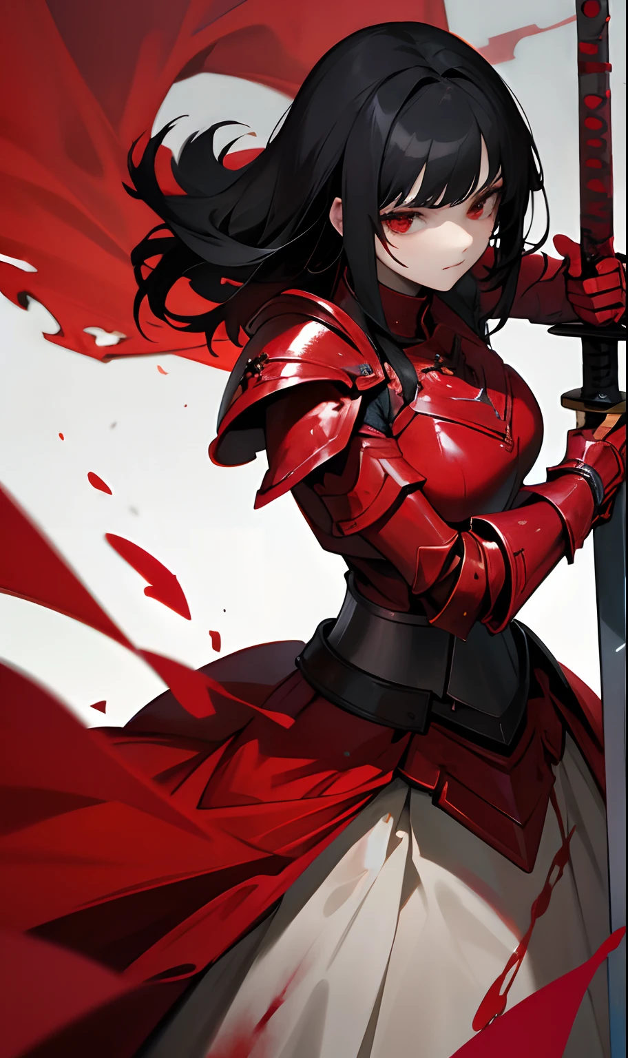 Wearing blood-red armor，A maiden holding a red bloody sword，Black hair mixed with red