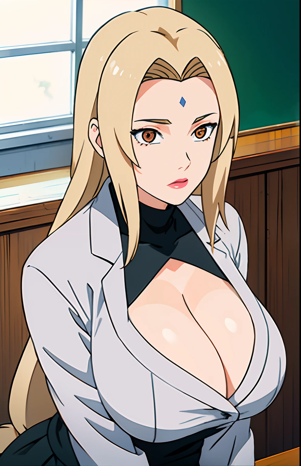 (Big tits), white shirt, (long coat), black tight skirt, fullbody, cleavage, good anatomy, masterpiece, best quality, 4k, 8k, professional photography, soft light, sharp focus, 1 girl, blonde hair, at classroom, blonde hair, parted banks, detailed face, detailed eyes, brown eyes, black pupils, open lips, lipstick, close up view, whiteboard
