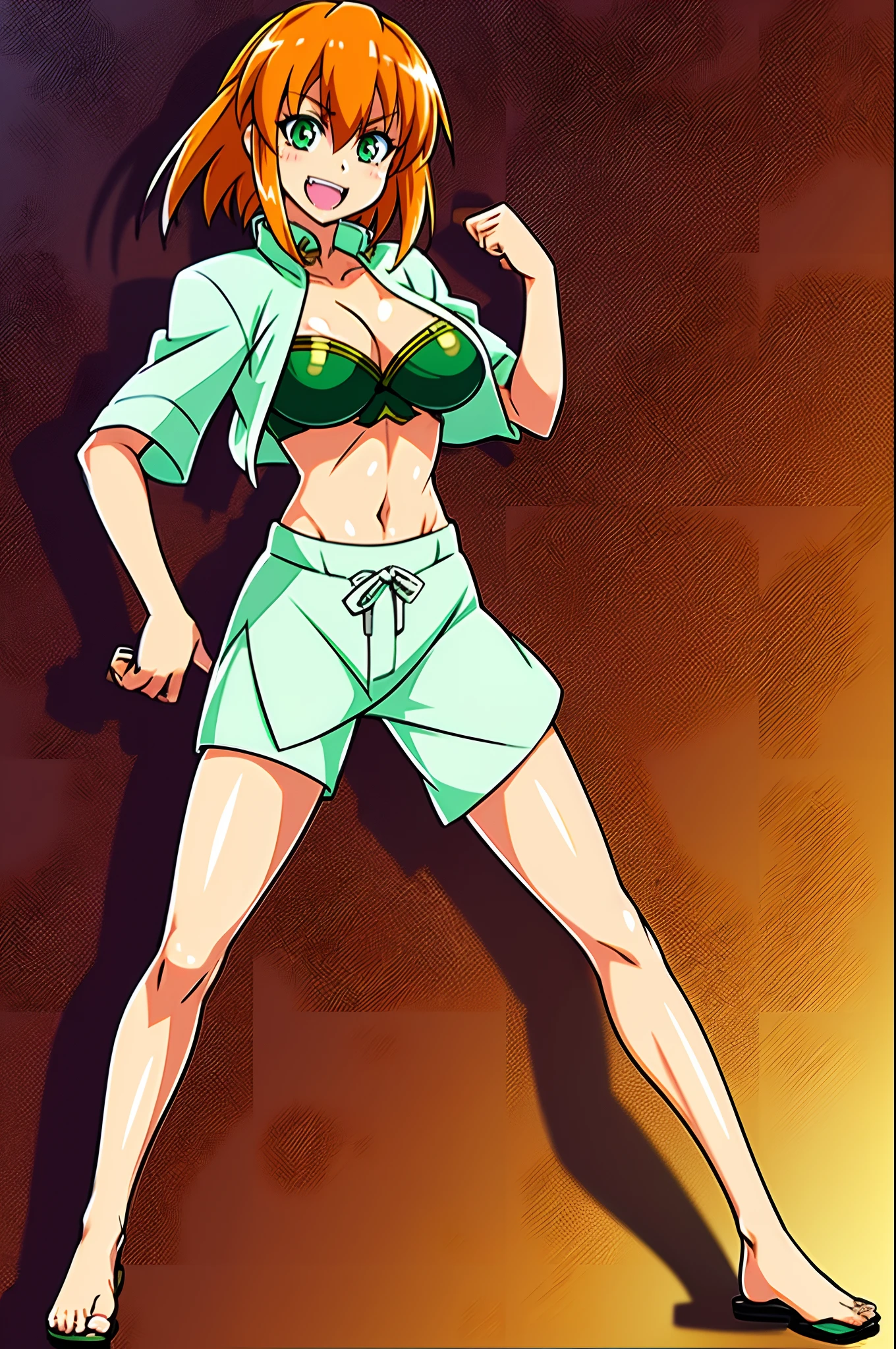 excel, orange hair, smile, fang, open mouth, green eyes,standing, medium breast, , pullover, , full body, flipflops, big breast,kimono, kungfu, martial art, tunic,, chinese pants, full body