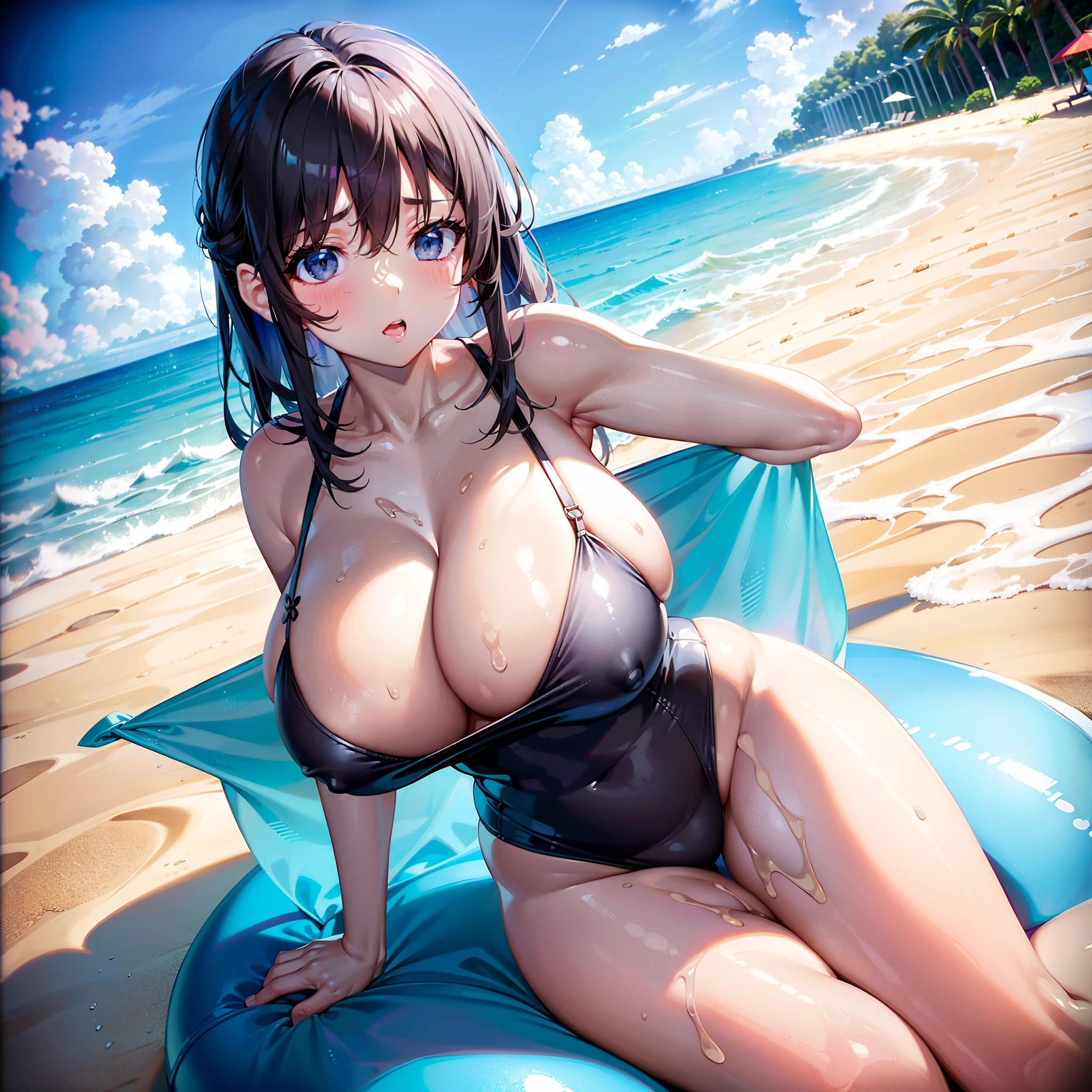 multipel Girls，Extremely large breasts，prengant，Secretion of milk，Soft breasts，Heavy breasts，Black swimsuit，Inside the pool，naked leg，Bare legged，cabelos preto e longos，Swollen breasts，Breasts are much larger than heads，Lewd expression，Beach volleyball