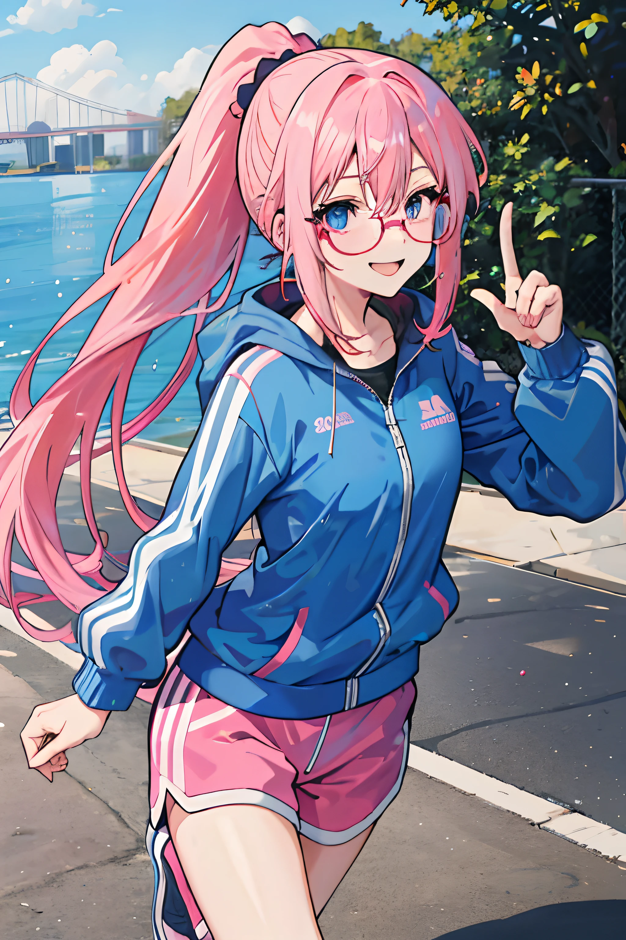 anime girl, long hair,pink hair, ponytail, blue tracksuit, sweating so much, blue eyes, red glasses, outdoors, scenic, park, running, smiling, holding a water bottle, panting, wet, pointing