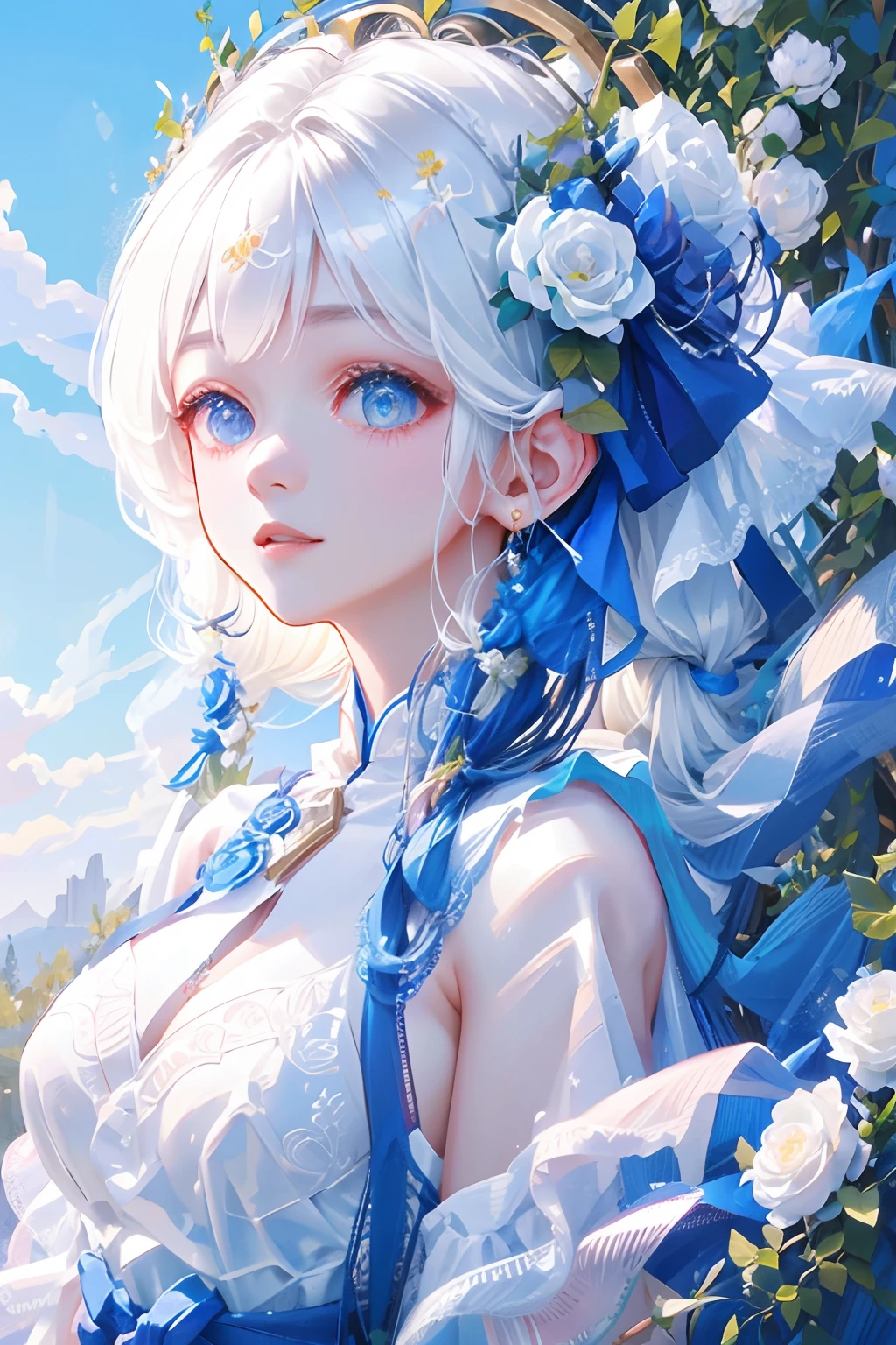 one-girl，A white flower is inserted on the head，Blue-white color hair，white  clothes，blue-sky