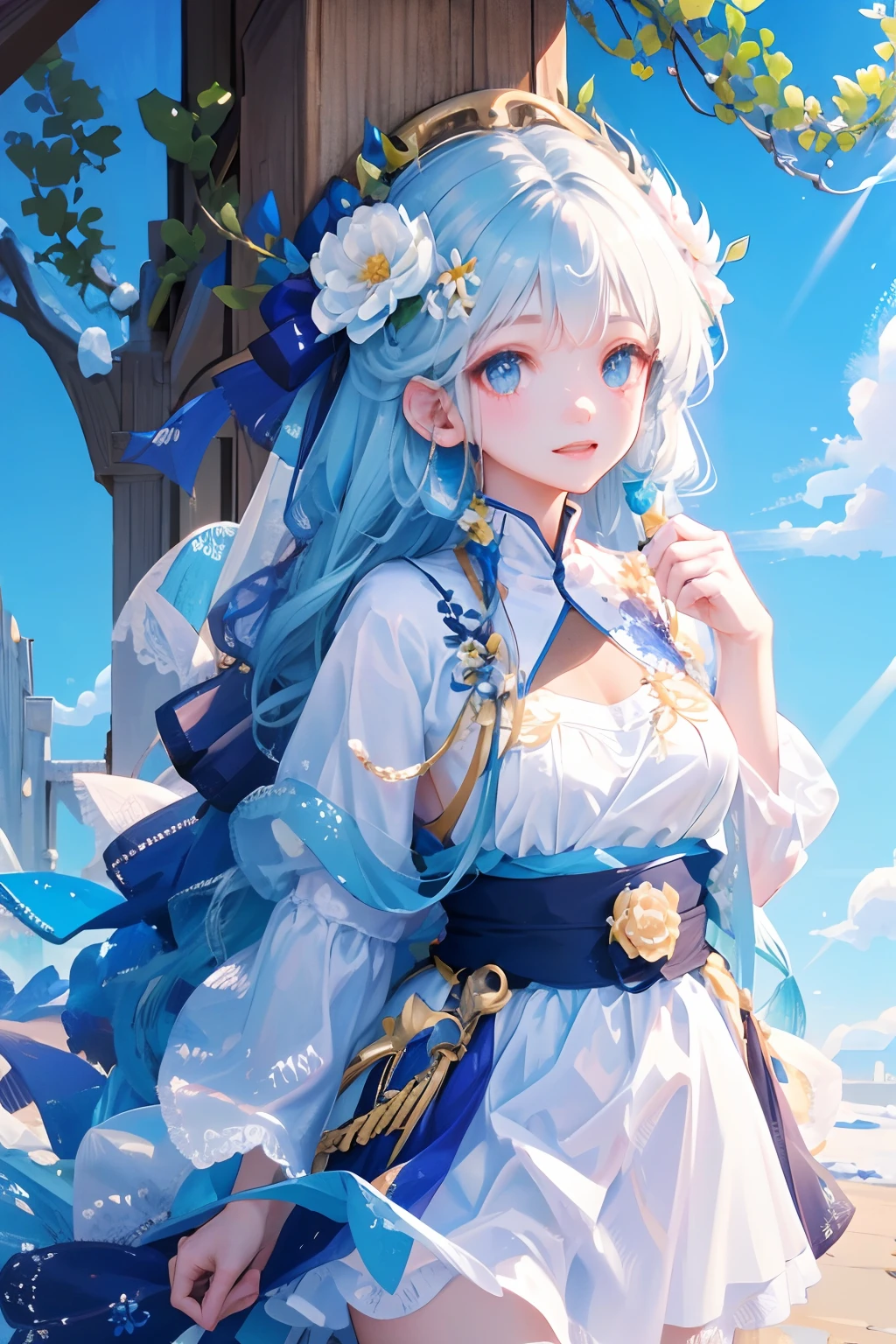 one-girl，A white flower is inserted on the head，Blue-white color hair，white  clothes，blue-sky