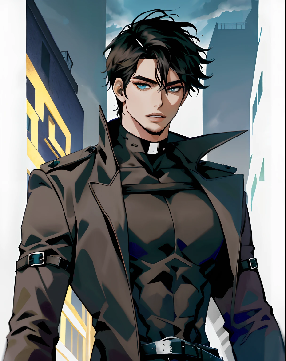 1boy, (hombre), cuerpo varonil, anime, extremadamente detallado, hiperdetallado, (hombros anchos), (CARA PERFECTA), illustration, dim lighting, 2d, intrincado, toma de vaquero, ojos detallados, cabello negro, cabello corto, ojos grises , sexy, tonificado, esmoquin negro, (afuera), torre del castillo