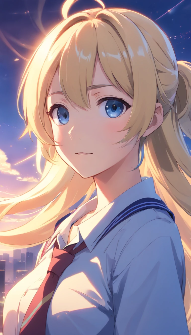 portlate、School Uniforms、bright expression、poneyTail、Young shiny shiny white shiny skin、Best Looks、Blonde reflected light、Platinum blonde hair with dazzling highlights、shiny light hair,、Super long silky straight hair、Beautiful bangs that shine、Glowing crystal clear attractive big blue eyes、Very beautiful nice cute girl、Lush bust