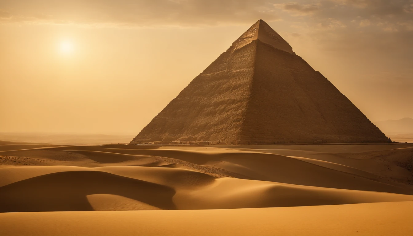 The Pyramid of Giza, Cairo, Egypt, emerges from the arid desert landscape, shrouded in a hazy, golden sunlight. Sand dunes stretch out to the horizon, and a faint mirage dances in the distance. The atmosphere is one of timeless mystery and ancient history. The surroundings are serene and desolate, emphasizing the pyramid's solitary grandeur. Sculpture, depicting the pyramid's precise geometry and weathered surface,