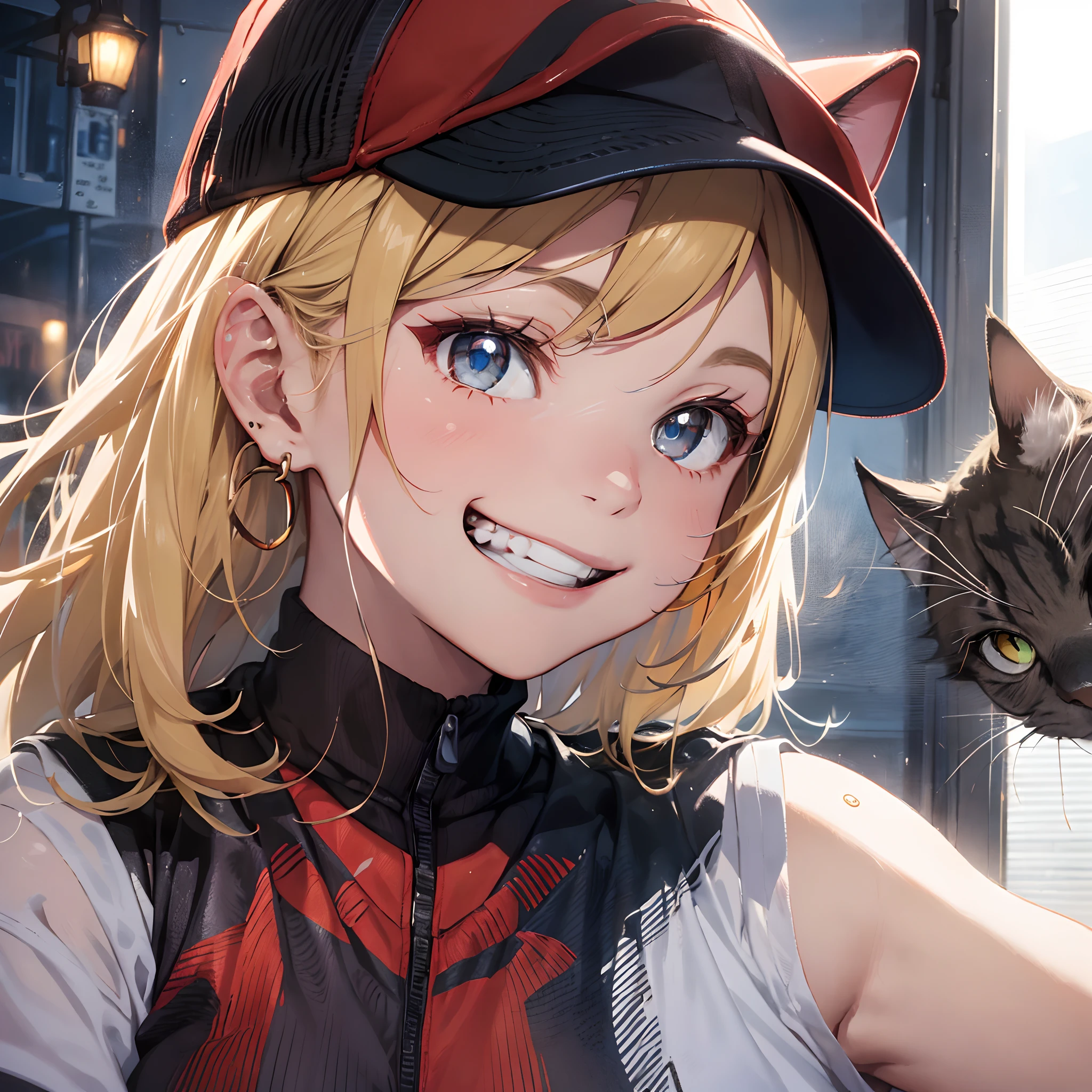 ((grin)), (ultra-detailliert:1.3)、(Grainy:0.8)、natural soft light、Futuristic cities、(Sateen:1.3)、(murky:1.3)、(Foggy:1.2)、red lights、((Cat's ears)), aqua eyes, ((Crimson Red Baseball Cap)), ((Crimson Red Baseball Uniforms)), ((Sleeveless)), ((Blonde Shorthair)),  earrings, hoop earrings, wetting hair, Wet clothes, Orange Light、Focus on Face、Girl with blue light、light logo、[Cyberpunk crimson clothes:ripped fabric:0.35]、red lights、Orange Light、Menacing、Pointed、(pointing weapon at the viewer:1.2)、(cold color:0.75),