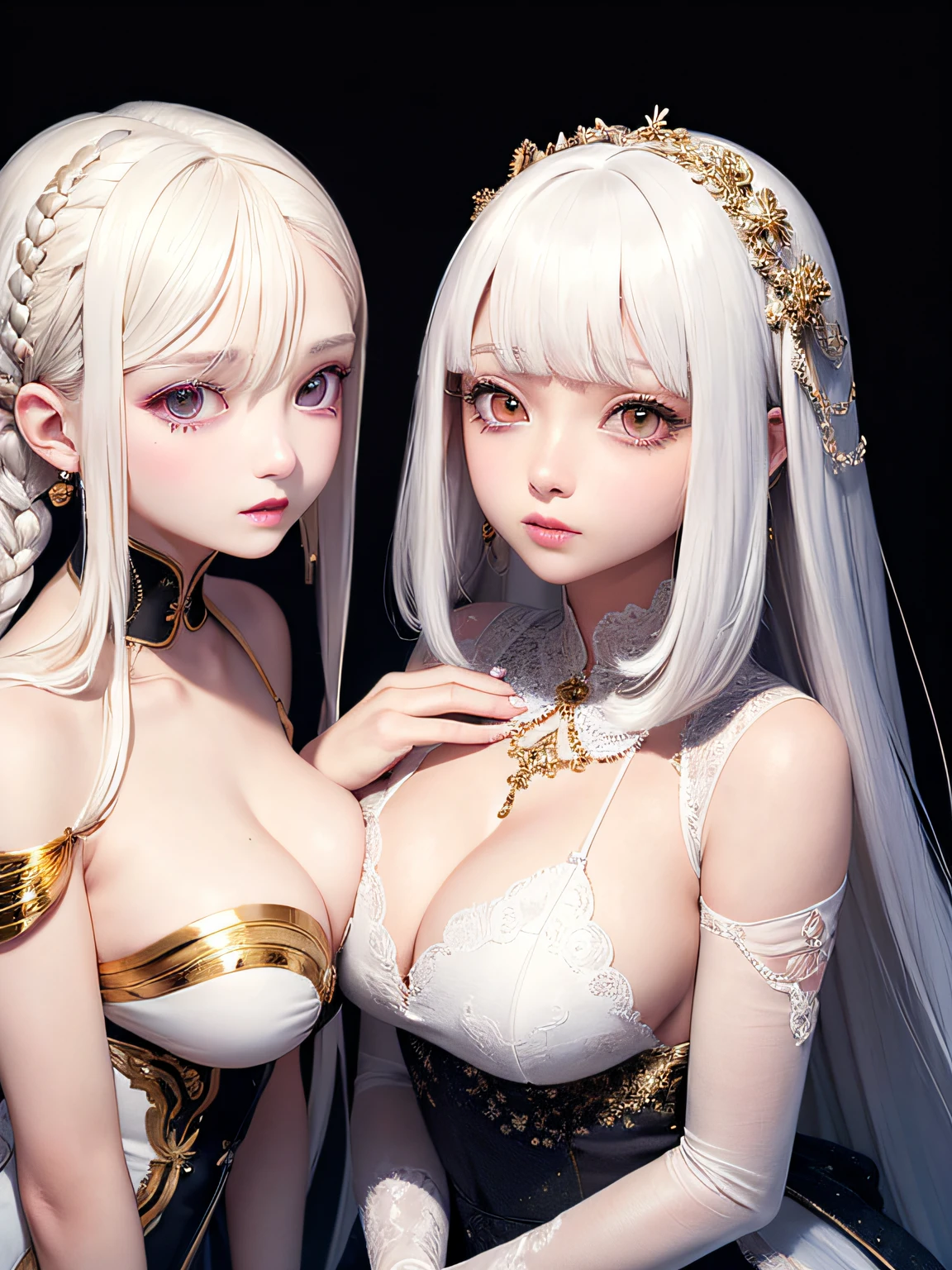 top-quality、masterpiece、white hair、Gold Eye、white clothes、look up to、Hair strands、light skinned、Side braid、 2 girls, Beautiful breasts, up of face,Beautiful ,upturned breasts,