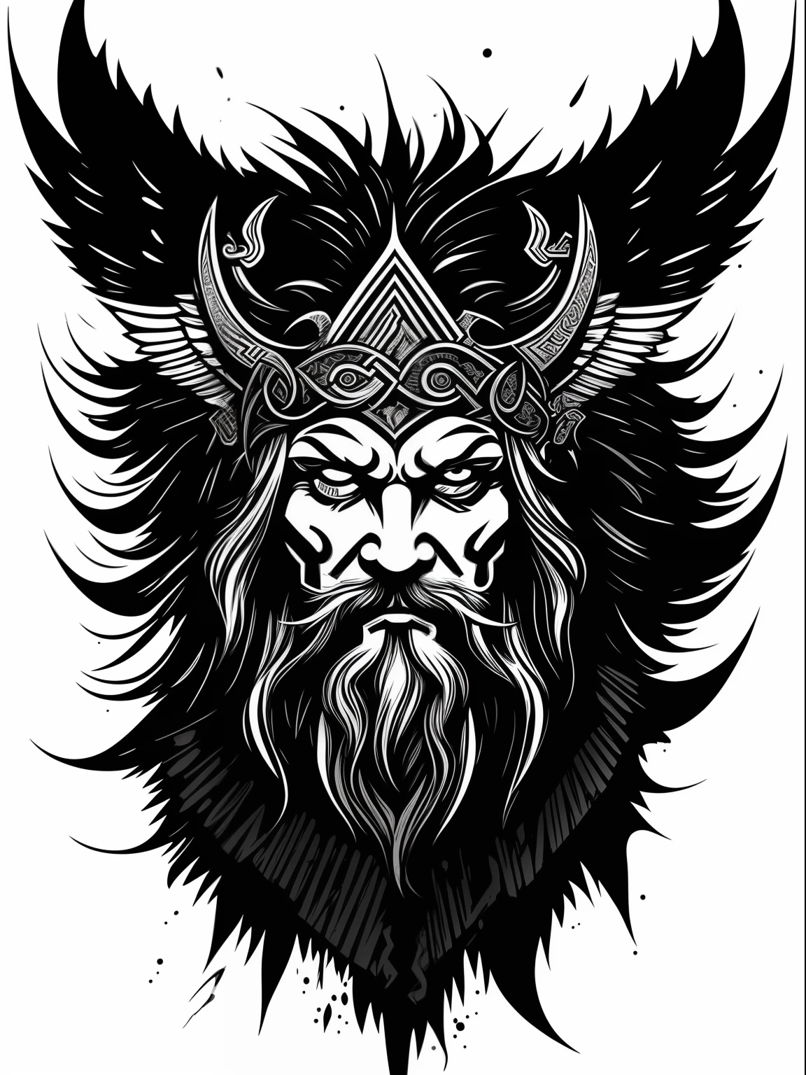 Tattoo style, ODIN character from Norse mythology, black and white image with only the left eye shining in watercolor blue, Nordic rune behind the head, t-shirt print, vectorized, graffiti elements, 4k, full hd, extremely detailed.