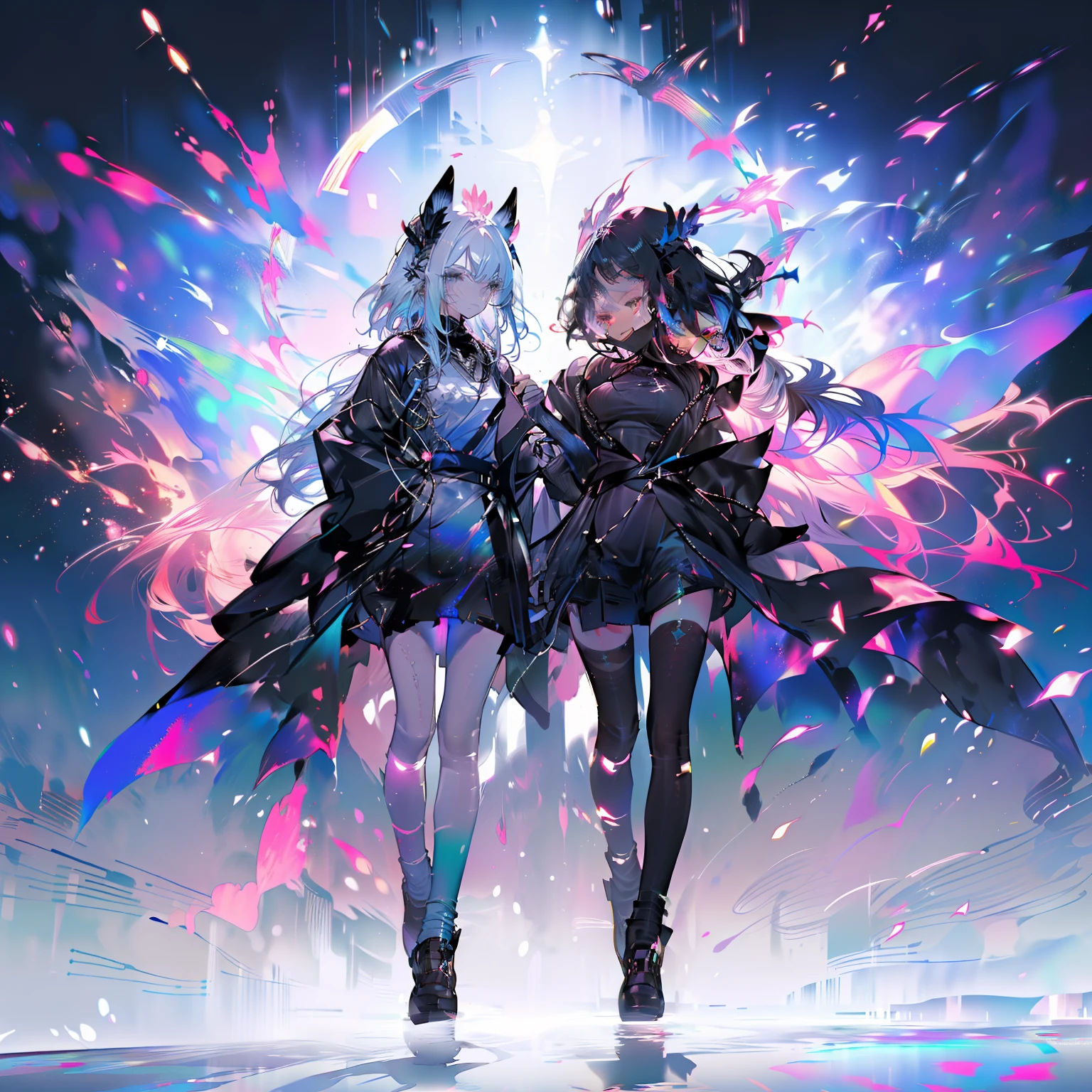 A spectacular parade in a futuristic metaverse theme park with colorful neon lights
