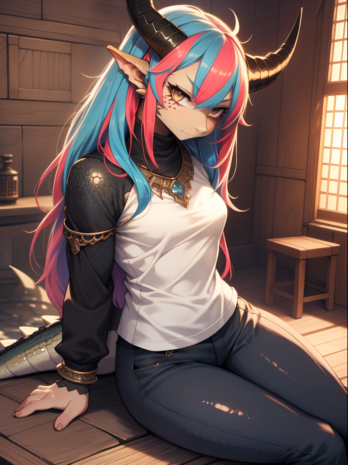(dragan), woman, antrum, 1girl, Alone, delicate body, slender body, far, small body, bracelets, multicolored hair, long hair, horns, dragon horns, anime style, high quality, best quality, flaking skin, in a realistic style room, scales, dark scales, leg with scales on the thigh, arms with scales, face with scales, dark skin, scaly skin, textured scales, closed clothes, closed pants, white t-shirt, long sleeve blouse, black blouse,