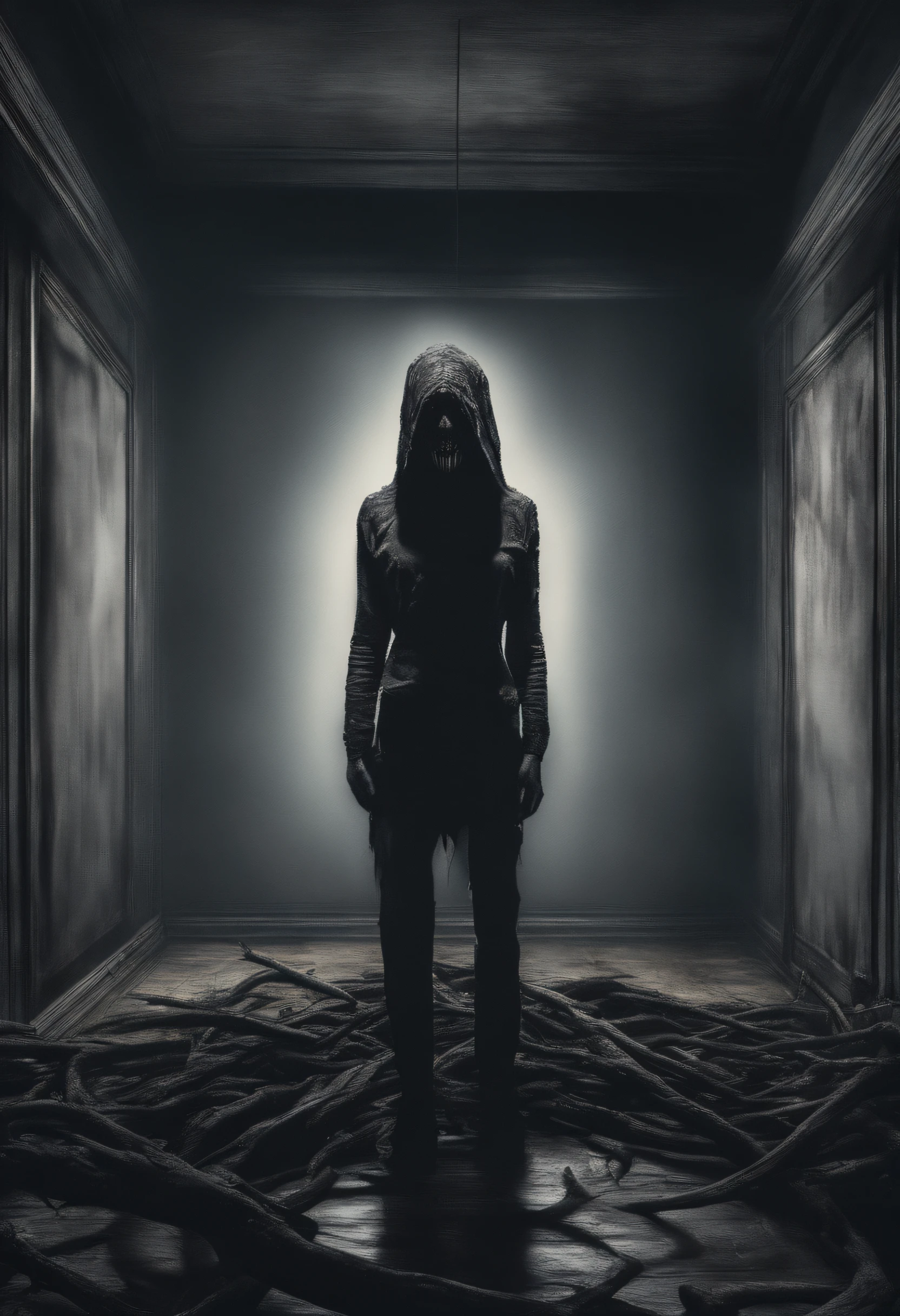 A young woman stands next to an image of a monster in a dark room, no estilo do realismo suave da pincelada, dystopian landscapes, Moda KEI, castanho escuro e cinzento, Cabincore, pintura por gotejamento, 8K resolution,