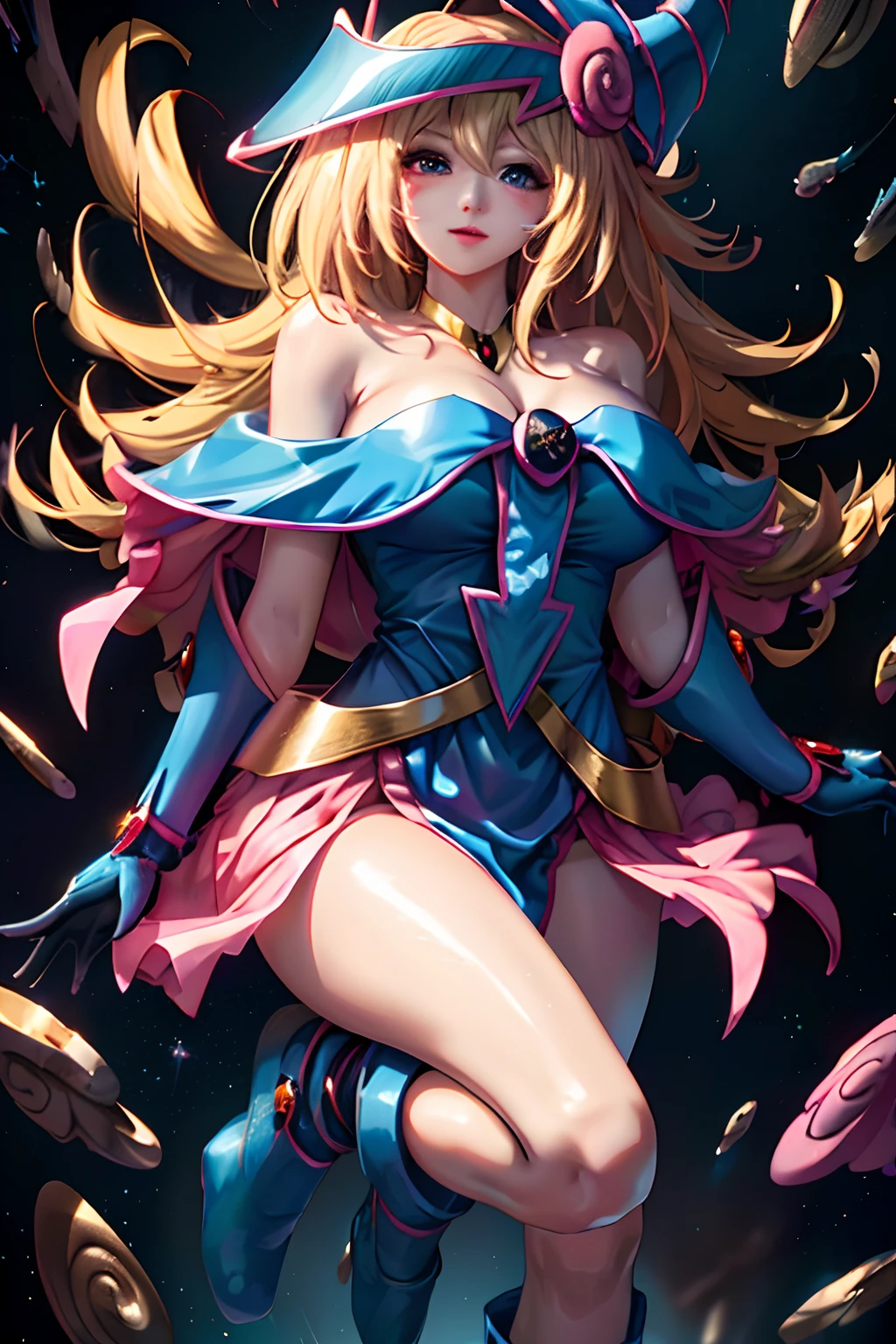 (tmasterpiece, Better quality; 1.3), extremaly detailed cg, ultra - detailed, 1 Girl Black magician girl, Solo, ssmile, looking at viewert, Elegant cubs, cabellos largos dorados, eBlue eyes,
SV1, Dark magician girl uniform,  gloves on the elbow, head gear, The sailors lead Rubio, Red ribbons, Orange necklace, whitegloves, jewely, from the above,
Multiple hearts, sface focus, Venus, Tornado, abstract backgrounds, Heartstorm, Hart Lightning, Heart bubbles, Heart balls, Star of Halt, Heart flower, Light of the heart, The world of the heart, heartbackground, background of the galaxy, Heart weapons, The halo of the heart, magia. The black mage girl is hot