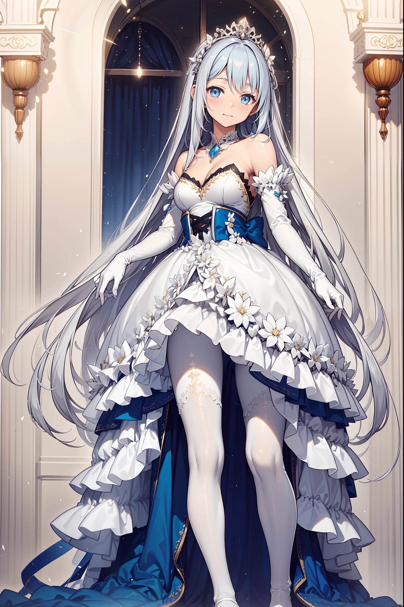 (Best quality,4K,8K,A high resolution,Masterpiece:1.2),Ultra-detailed,Beautiful girl,Enchanted,Enchanting,cheerfulness,divino,Magical effect,Silvery-white hair,eBlue eyes,Pale pink wedding dress,The bride's crown,A small amount of sky blue cloth,Sophisticated attire,Layered skirt,detailed lace,Delicate ruffles,Bedroom,solo person,during night,lacepantyhose,Sacred stripes,transparent costume,jewel embellishment