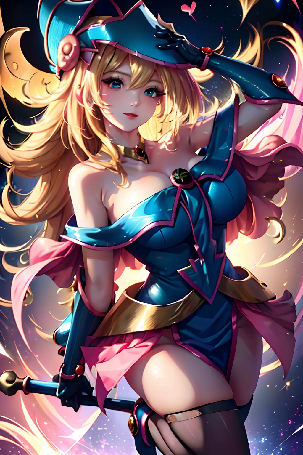 (tmasterpiece, Better quality; 1.3), extremaly detailed cg, ultra - detailed, 1 Girl Black magician girl, Solo, ssmile, looking at viewert, Elegant cubs, cabellos largos dorados, eBlue eyes,
SV1, Dark magician girl uniform, gloves on the elbow, head gear, The sailors lead Rubio, Red ribbons, Orange necklace, whitegloves, jewely, from the above,
Multiple hearts, sface focus, Venus, Tornado, abstract backgrounds, Heartstorm, Hart Lightning, Heart bubbles, Heart balls, Star of Halt, Heart flower, Light of the heart, The world of the heart, heartbackground, background of the galaxy, Heart weapons, The halo of the heart, magia. The black mage girl is hot