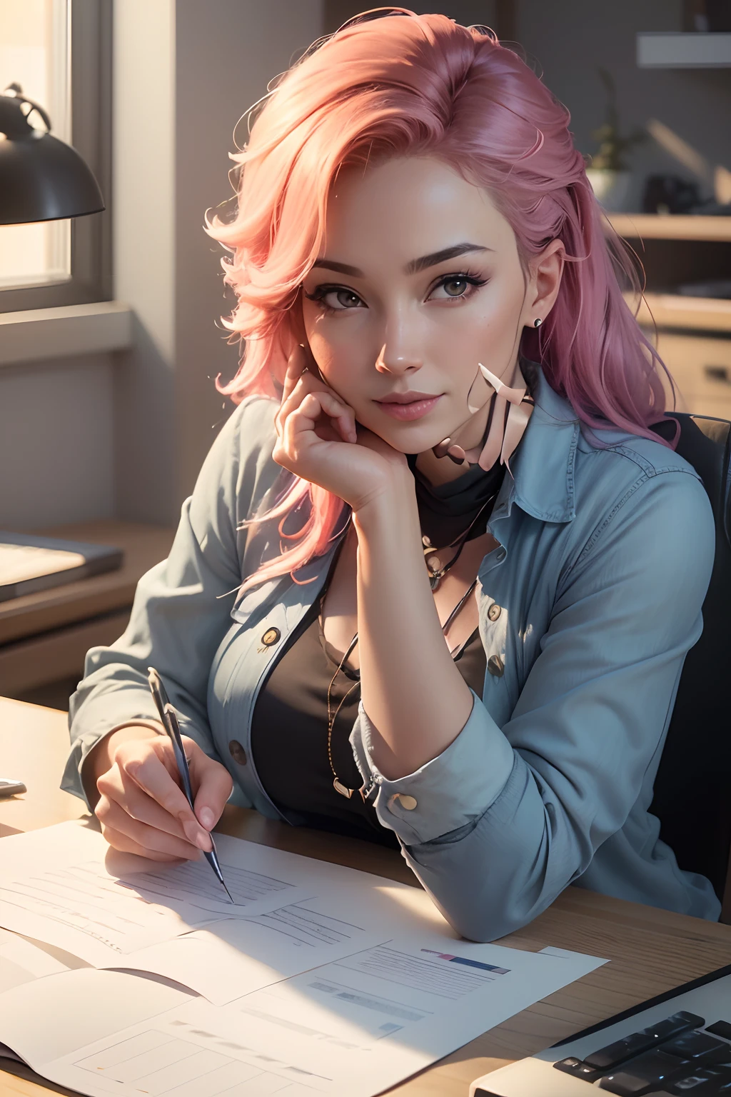 Best Quality, Masterpiece, Portrait, Perfect Anatomy, Femininity, Cool, Flawless, Solo, Sexy, Stylish, Mature, Long Light Pink Hair, Mole Above Lip, Red Lipstick, Big Breasts, With Light Blue Haired, the Girl is dressed as a sexy therapist, with glasses, cleavage and the backdrop is a therapists office with paddles and whips hanging on the wall