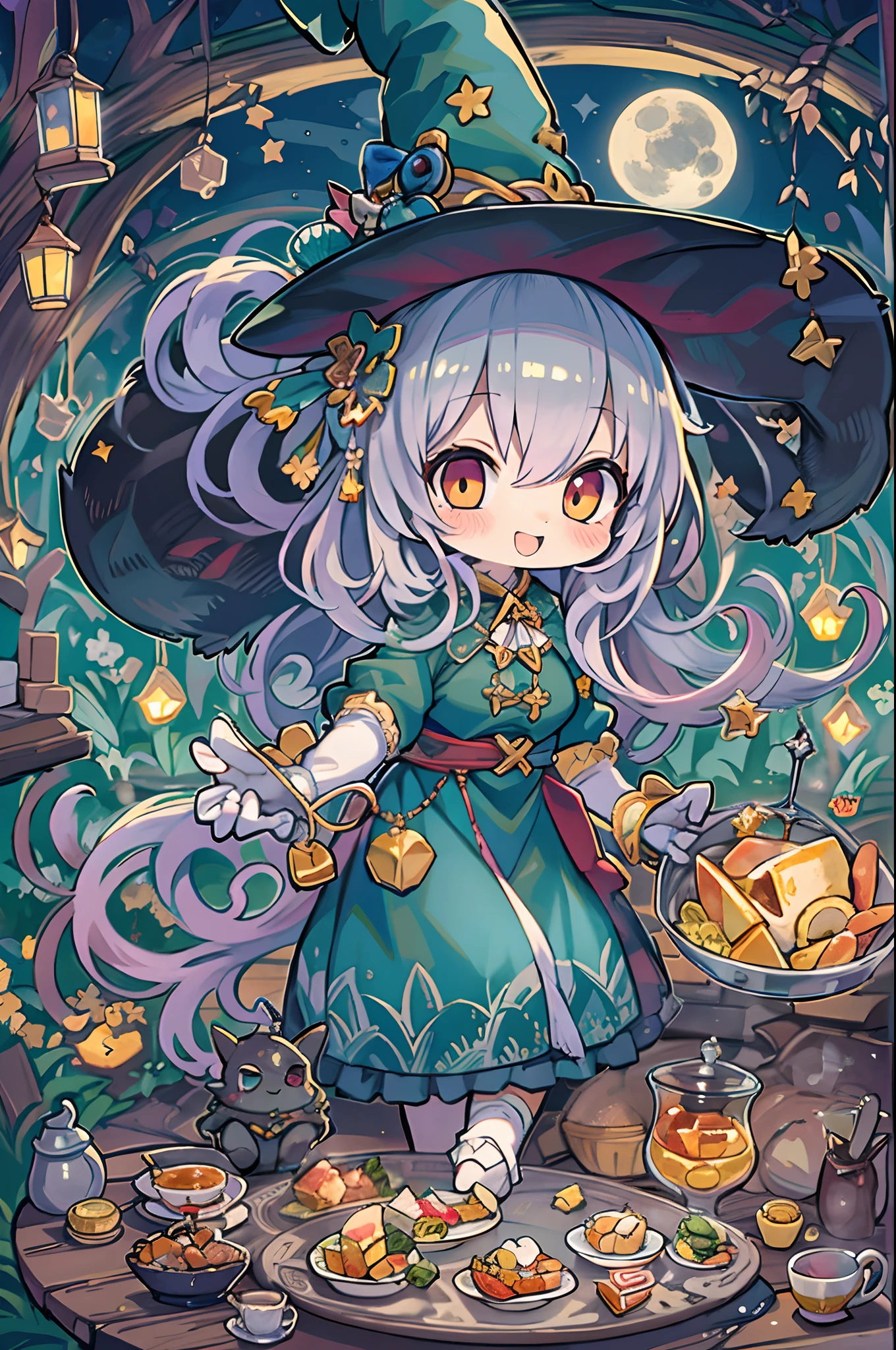 masutepiece, Best Quality, Chibi, Wizard Tea Party, the witch, beautiful witch, Happy, Vibrant, Colorful,Big Full Moon、Under the full moon