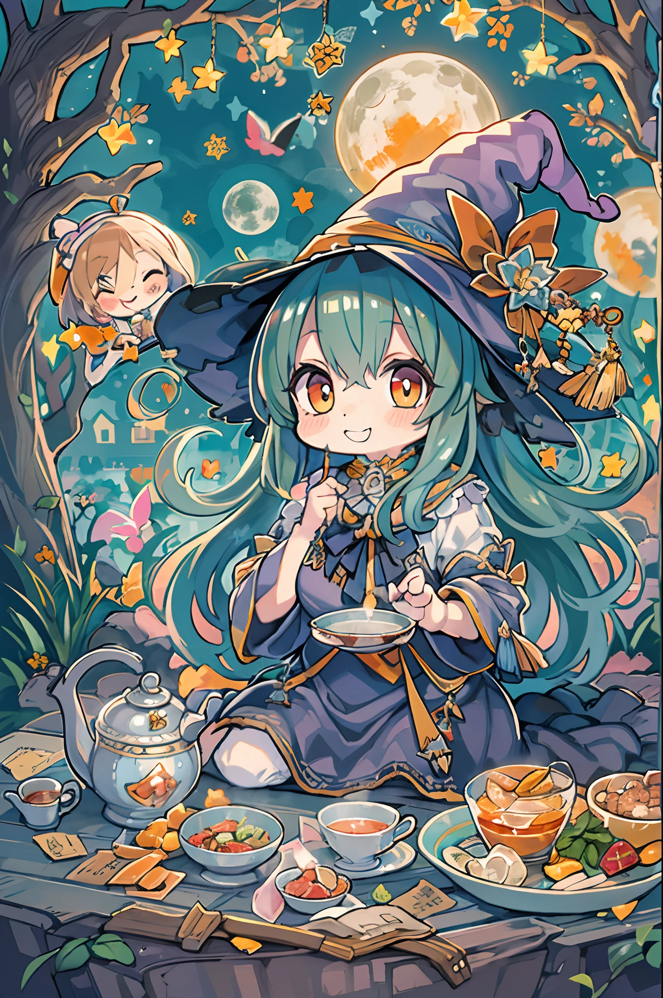 masutepiece, Best Quality, Chibi, Wizard Tea Party, the witch, beautiful witch, Happy, Vibrant, Colorful,Big Full Moon、Under the full moon