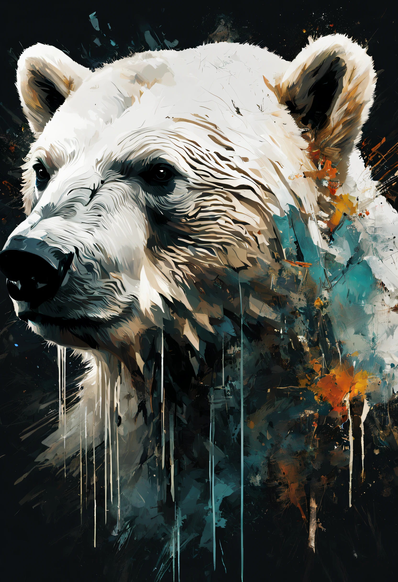 A ultra realistic poster for a Polar Bear's head by Daniel Castan :: Carne Griffiths :: Andreas Lie :: Russ Mills :: Leonid Afremov, black background, painting, cinematic, 3d render, typography