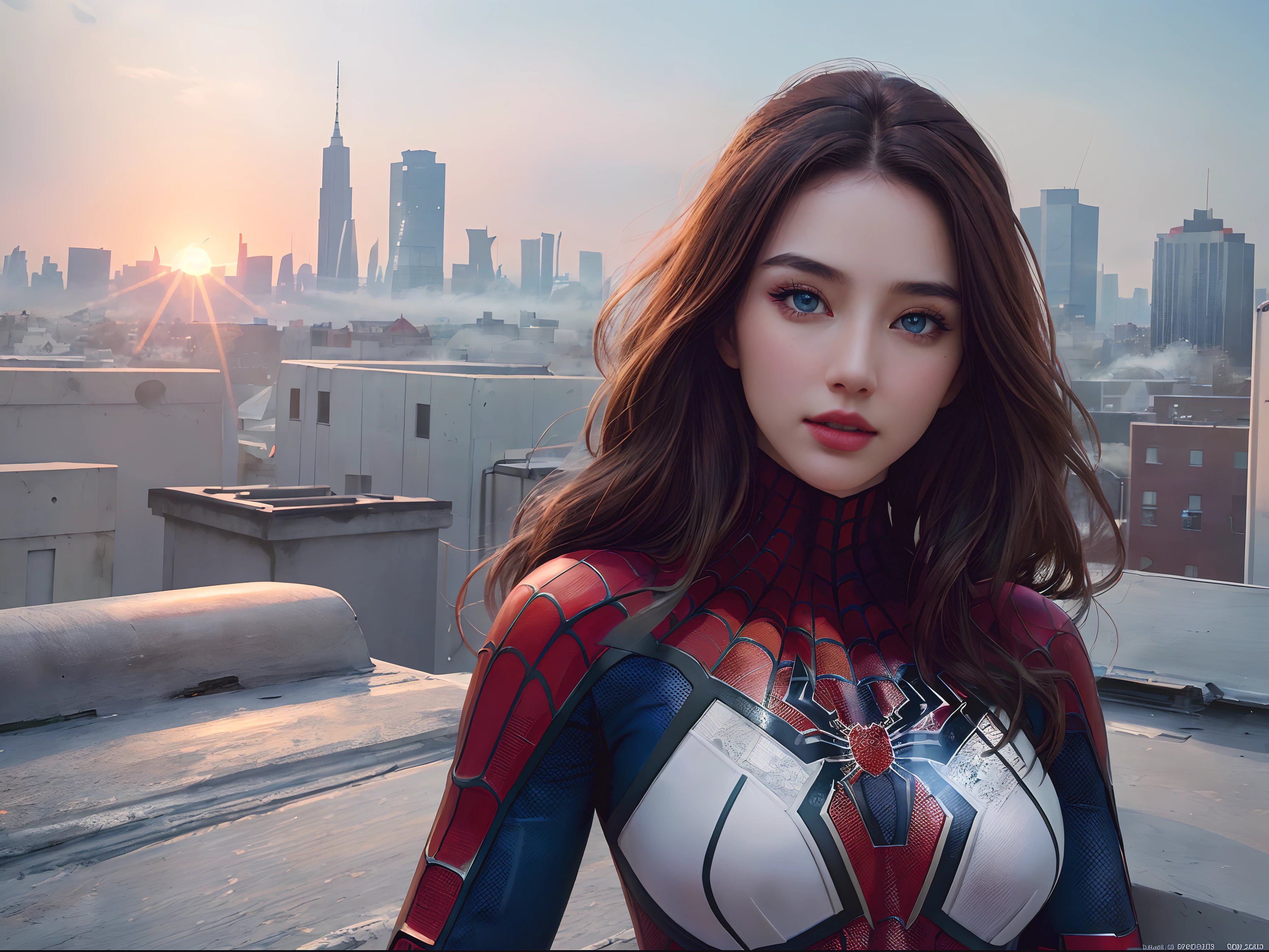 (1girl:1.3), Solo, (((Very detailed face)))), ((Very detailed eyes and face)))), Beautiful detail eyes, Body parts__, Official art, Unified 8k wallpaper, Super detailed, beautiful and beautiful, beautiful, masterpiece, best quality, original, masterpiece, super fine photo, best quality, super high resolution, realistic realism, sunlight, full body portrait, amazing beauty, dynamic pose, delicate face, vibrant eyes, (from the front), She wears Spider-Man suit, red and black color scheme, spider, very detailed city roof background, rooftop, overlooking the city, detailed face, detailed complex busy background, messy, gorgeous, milky white, highly detailed skin, realistic skin details, visible pores, clear focus, volumetric fog, 8k uhd, DSLR, high quality, film grain, fair skin, photo realism, lomography, futuristic dystopian megalopolis, translucent