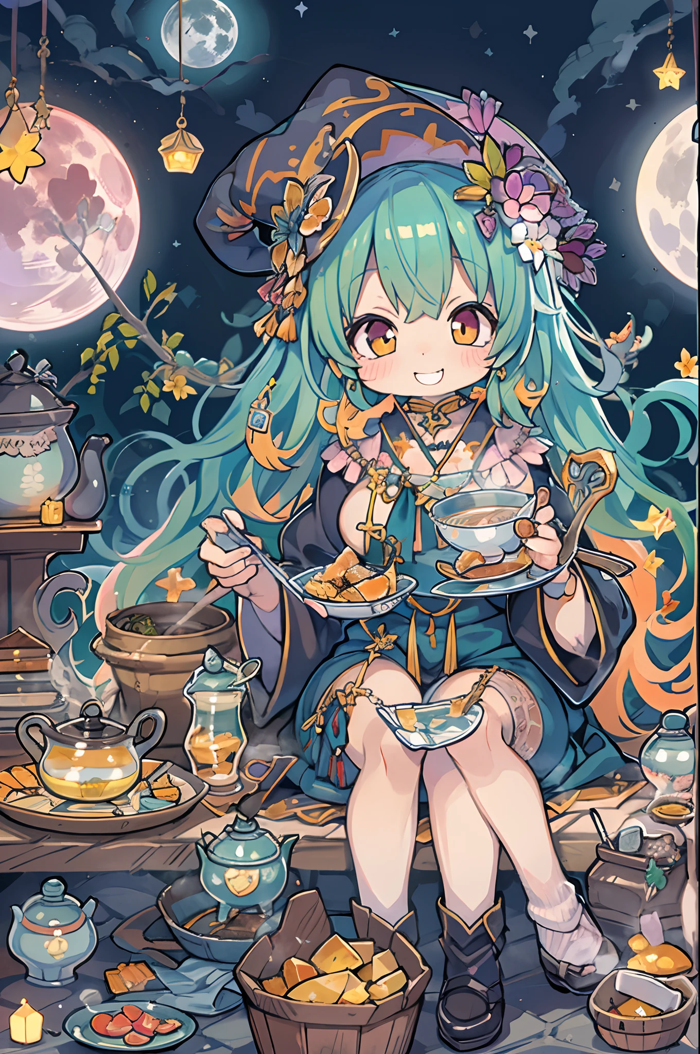 masutepiece, Best Quality, Chibi, Wizard Tea Party, the witch, beautiful witch, Happy, Vibrant, Colorful,Big Full Moon、Under the full moon