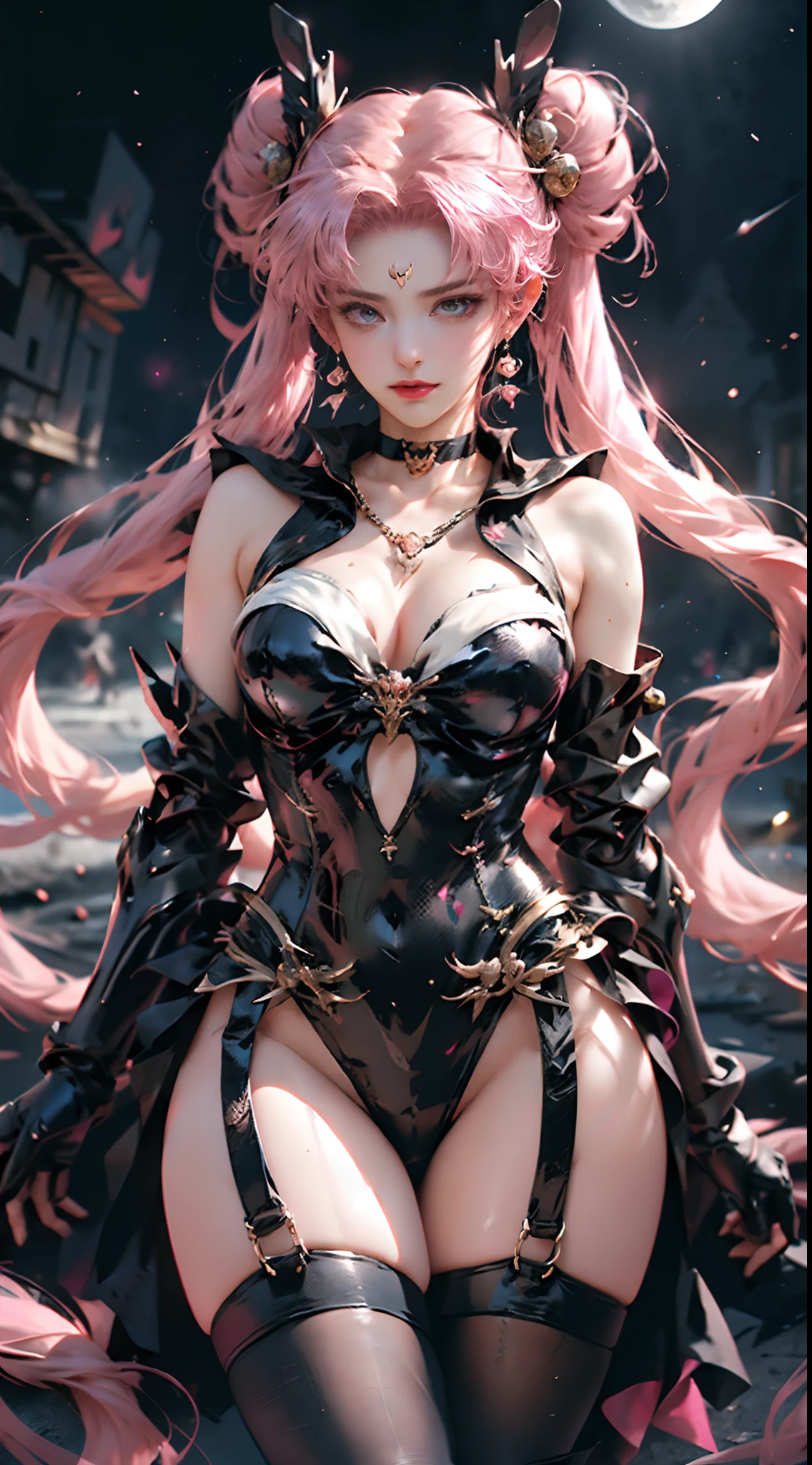 Red Eyes: 1.8,Gothic punk costumes:1.3,((A pink-haired:1.5,Incredibly long pink twin tails, Thin and very long ultra straight pink twin tails)),  Black tiara,dark queen,a black choker,Black thick gothic punk choker:1.2,masutepiece, full: 1.3, to stand, 8K, 。.3D, Realistic, Ultra Micro Photography, of the highest quality, Wallpapers with extreme details CG Unity 8K, From below, Intricate details, (NSFW:1.2),(1 female), 35 years old, dame，Vanity fair,a matural female，Black camisole,Black sexy cheongsam, Black Long Dress:1.5，Dynamic Stall in Red,Stud choker,Raw feet,Sexy leg slit dress, Garter Belt,fishnet tights,heeled sandals，bodystocking,Black See-Through Lace,(meishaonv,,tiarra, ), Hair bun, Red round hair ornament in a hair bun, Colossal tits, (Black color,Pants are visible,  cleavage looks bigger:1.2, earrings,Black Crystal Earrings), ( Face Details: 1.5, Beautiful face, Beautiful eyes, shiny eyes, thin lips, thin and sharp pale eyebrows, long dark eyelashes, Double eyelashes), Luxurious Golden Jewelry, Thin, thin and muscular,,,,a small face, Perfect proportions, thin waist, SEXY Model Pose, Visible Pore, Seductive smile, Perfect hands: 1.5, Very thin and fitting high-gloss black holographic leather, Octane Rendering, highly dramatic picture, Strong natural light, Sunlight, exquisite lighting and shadow, Dynamic Angle, Digital SLR, Sharp Focus: 1.0, Maximum clarity and sharpness, (Holy in Hell,Space background,Moon, dynamic background, Detailed background),(Rabbit, Double bun, Twin-tailed, Parted bangs, circlet, Jewelry, earrings, Choker, mecha musume
),armor