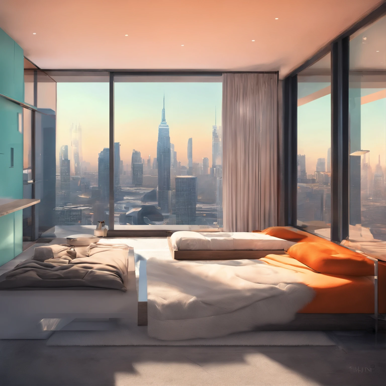 a gorgeous sci - fi bedroom matte painting by john harris, sparth and greg rutkowski. sharp edges, tiffany blue, grey orange, white and golden. sci - fi bedroom in a space base, outside the windows a future city skyline, light effect. ultra clear detailed, 3 d, octane render. 8 k