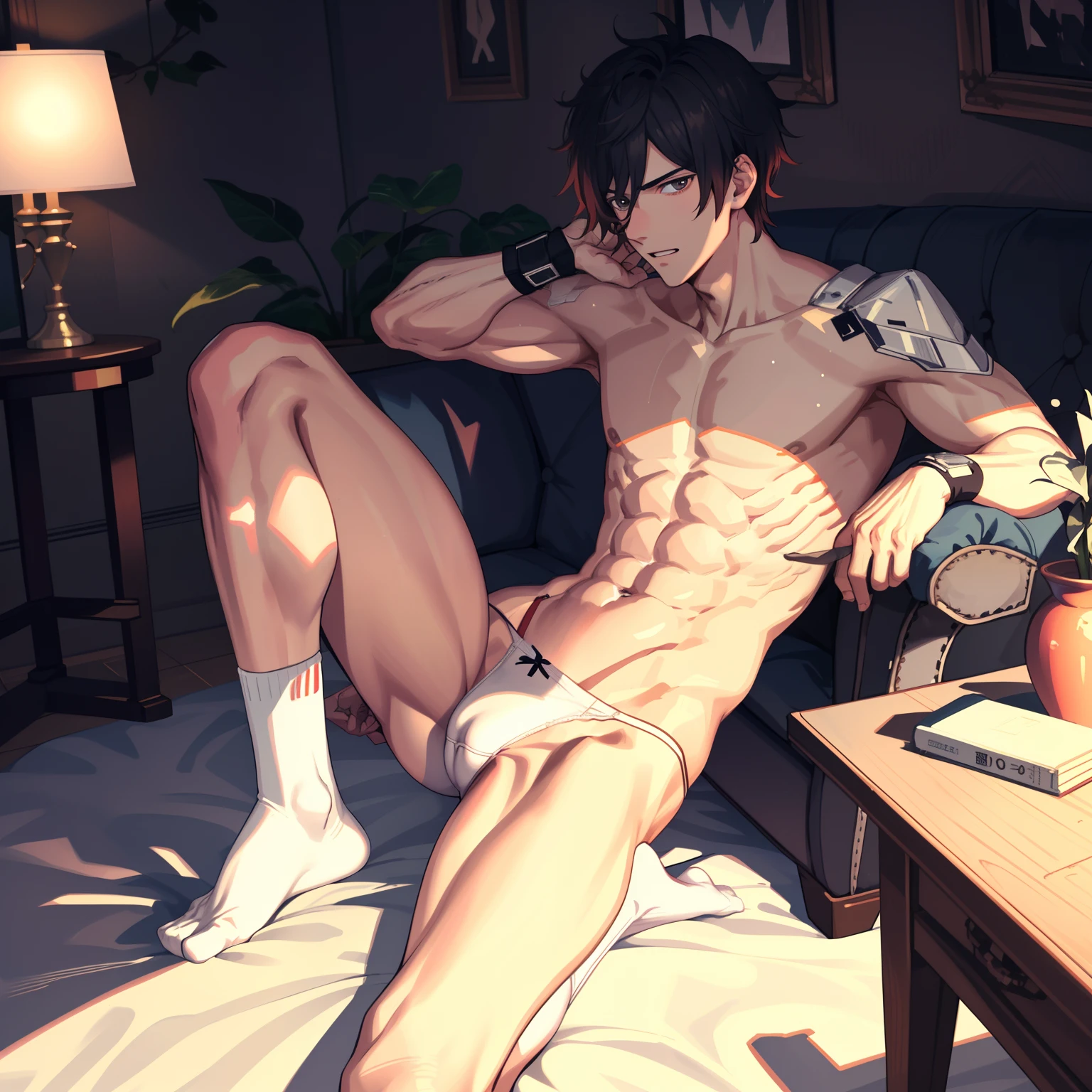 1 boy ,Libido boy,20yr old,Handsome,Raised sexy,k hd, tmasterpiece,8K,White thong,Nudity all over,Bare topless,white short socks,massive bulge,A sexy pose,Trembling,full-body view