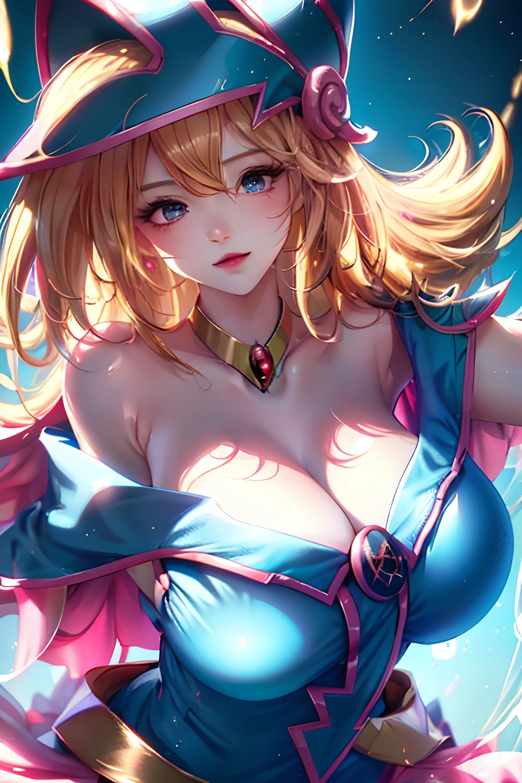 (tmasterpiece, Better quality; 1.3), extremaly detailed cg, ultra - detailed, 1 Girl Black magician girl, Solo, ssmile, looking at viewert, Elegant cubs, cabellos largos dorados, eBlue eyes,
SV1, Dark magician girl uniform, gloves on the elbow, head gear, The sailors lead Rubio, Red ribbons, Orange necklace, whitegloves, jewely, from the above,
Multiple hearts, sface focus, Venus, Tornado, abstract backgrounds, Heartstorm, Hart Lightning, Heart bubbles, Heart balls, Star of Halt, Heart flower, Light of the heart, The world of the heart, heartbackground, background of the galaxy, Heart weapons, The halo of the heart, magia. The black mage girl is hot