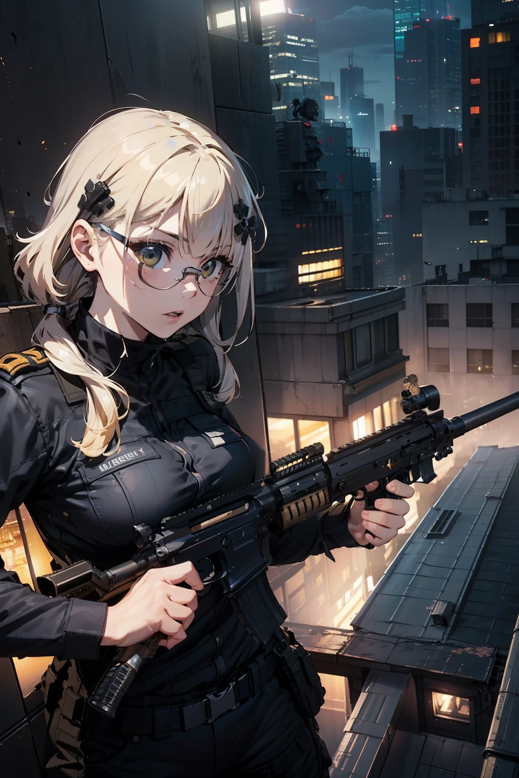 (Trained female soldiers)、((Aim and fire your rifle:1.4、Sniper stance:1.2、guns、h&K HK416))、1 Women、thick body、(Black combat uniform)、(platinum-blonde-hair:1.2)、((超A high resolution))、Detail Write、​masterpiece、top-quality、extremely details CG、8K picture quality、Cinematographic lighting、lensflare、((Skyscraper rooftop at night:1.4))、Hyper-detailing、(((Dynamic Angle Bust Shots:1.4)))、Detailed firearm depiction、Rifle with perfect detail、Perfect barrel that does not distort、Fighter in the sky、Military drones