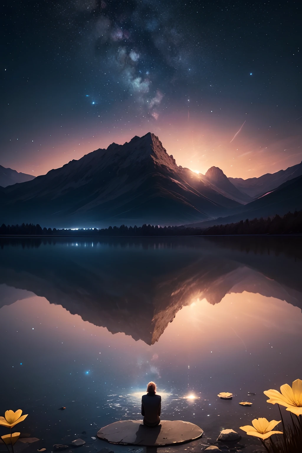 mulher de 40 anos admirando, contemplating a beautiful horizon with the sky full of stars as if he had contemplated space, The man is in deep connection with the divine, The landscape is ultra detailed,e ultra realista, tudo bem detalhado e lindo, 8k ultra qualidade. Realismo 8K, the space ta reflecting in a lake, thus making a magnificent landscape
